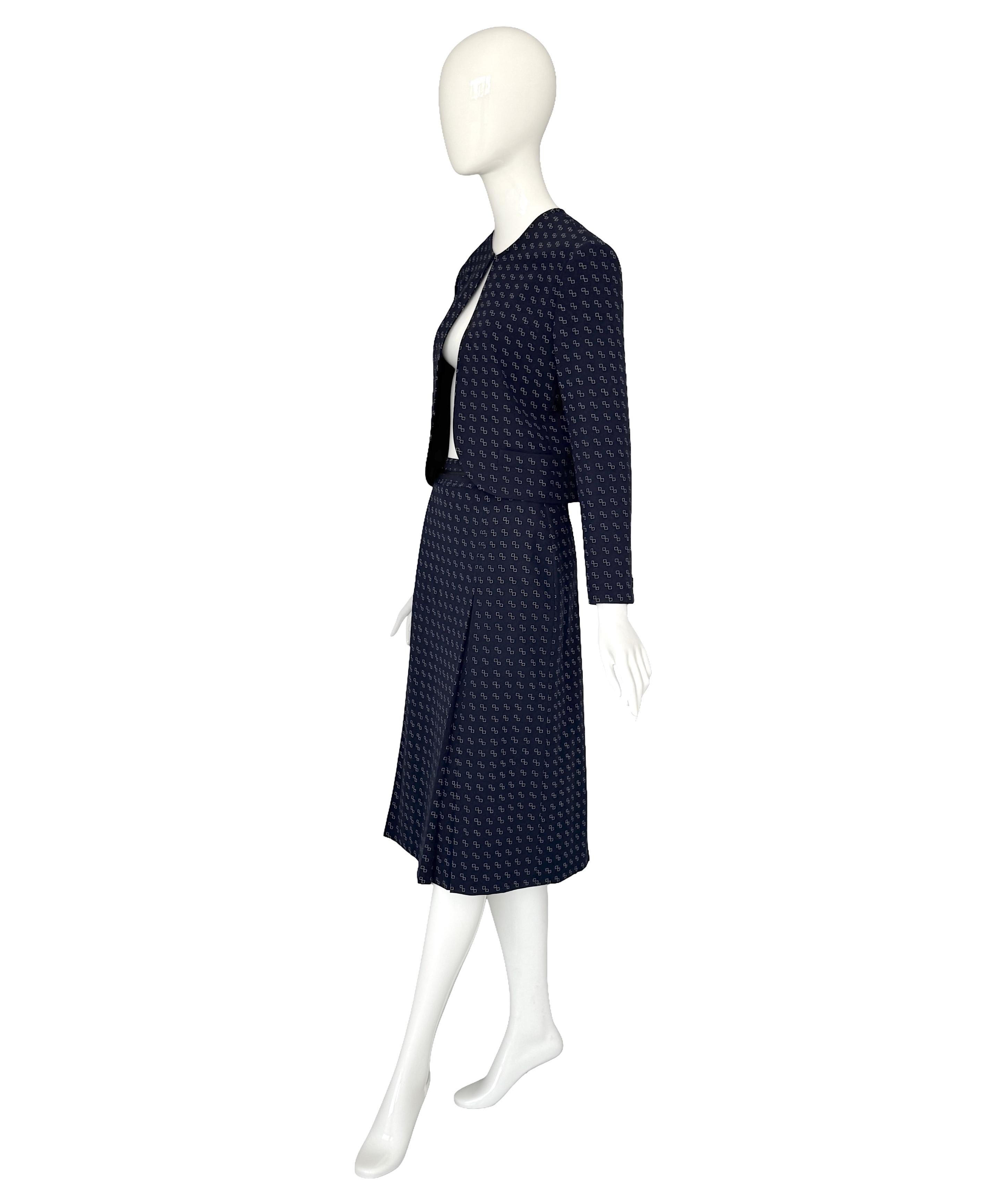 Women's Céline by Céline Vipiana Wool Navy Blue/White Patterned Two Piece Skirt Suit For Sale