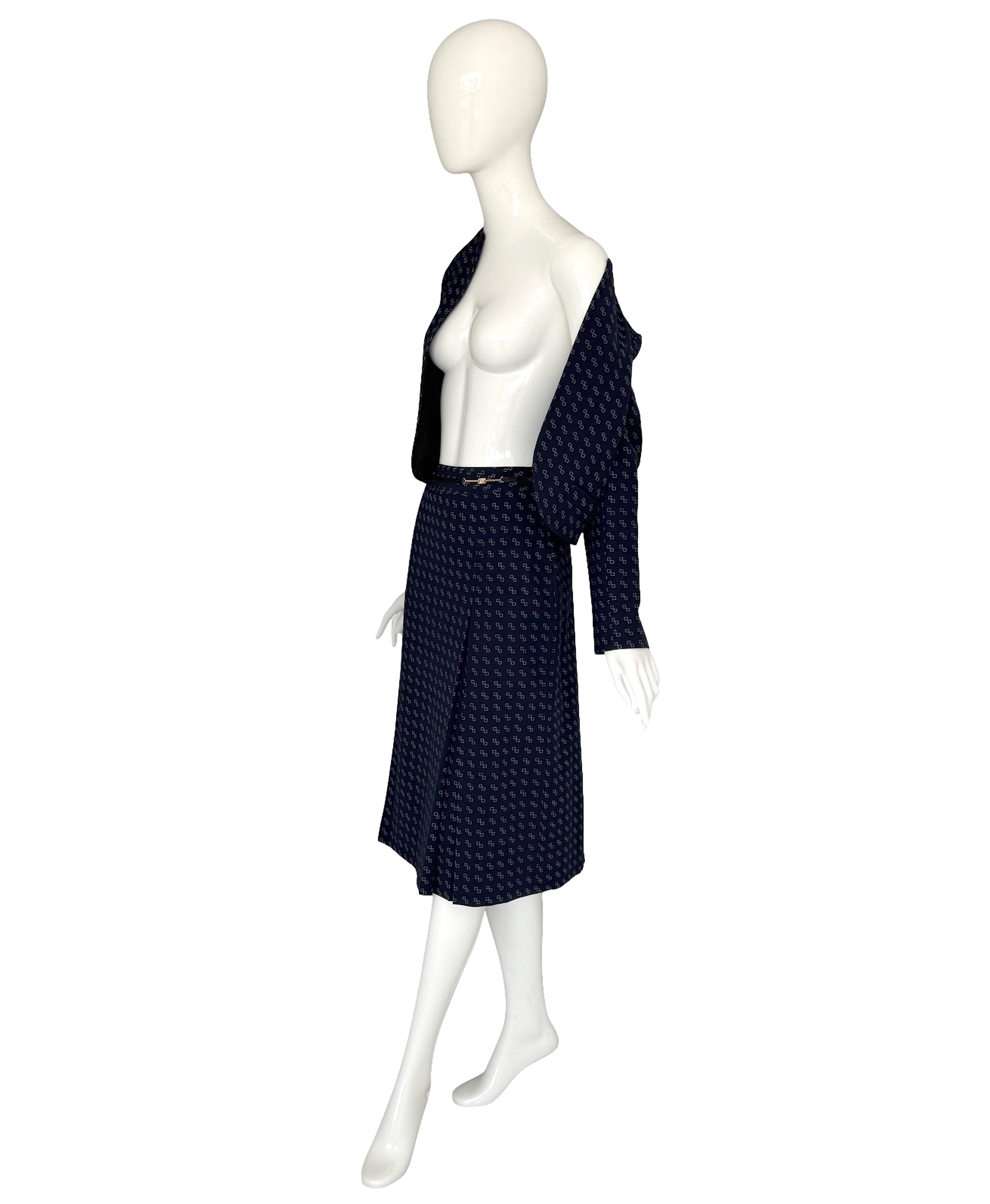 Céline by Céline Vipiana Wool Navy Blue/White Patterned Two Piece Skirt Suit For Sale 1