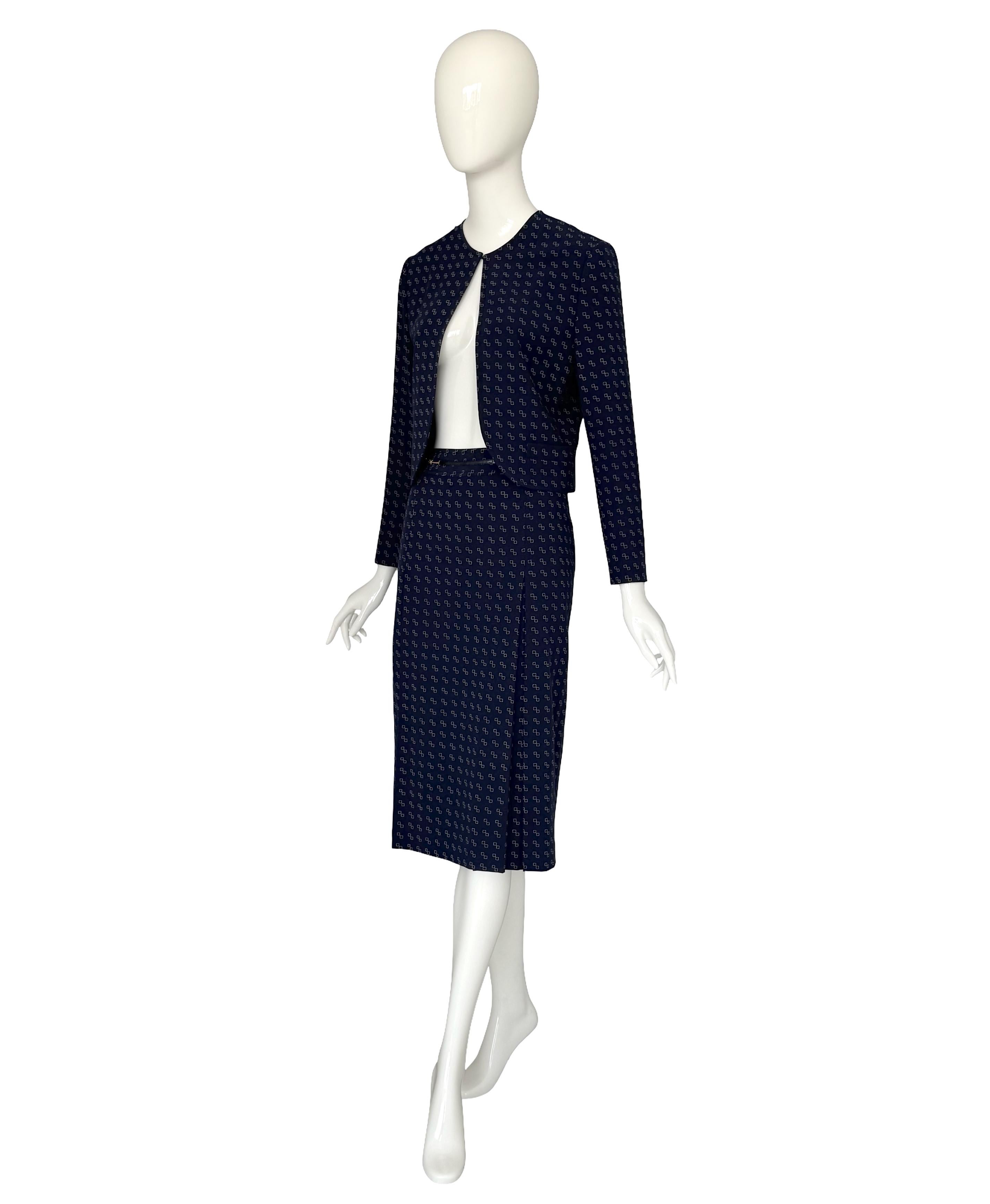 Céline by Céline Vipiana Wool Navy Blue/White Patterned Two Piece Skirt Suit For Sale 2