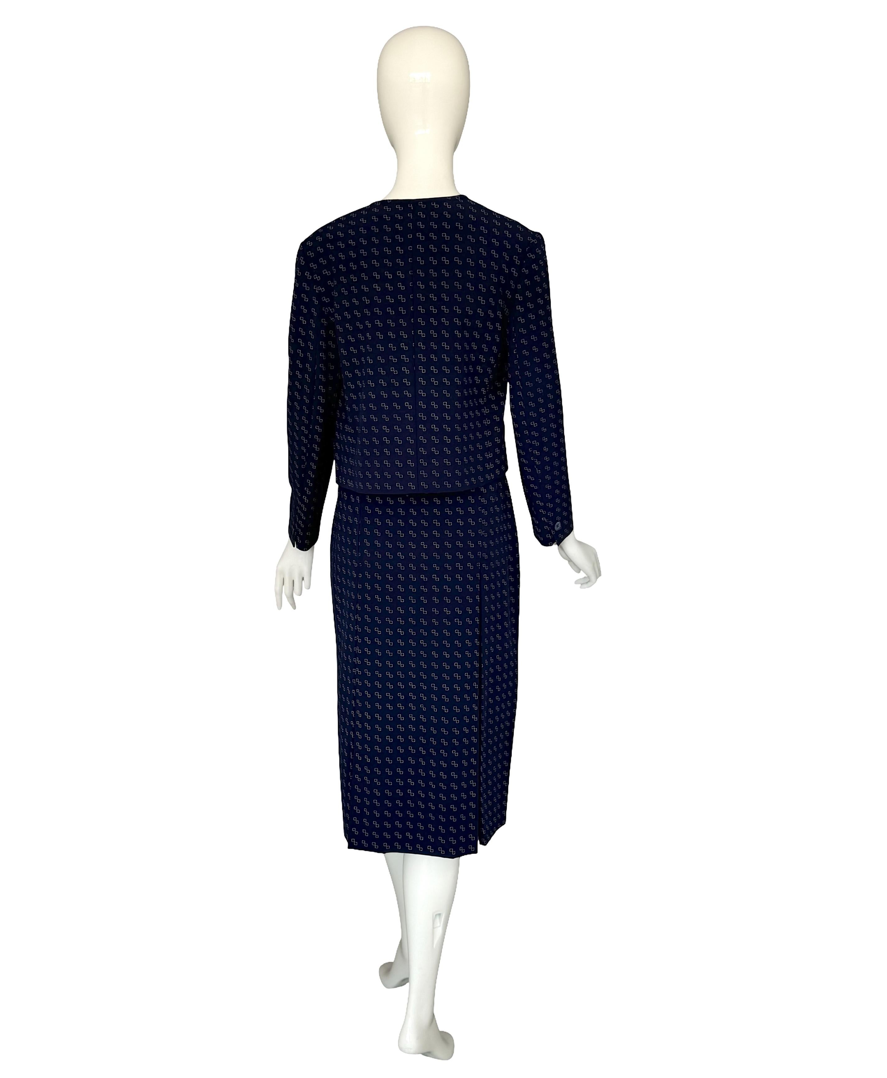 Céline by Céline Vipiana Wool Navy Blue/White Patterned Two Piece Skirt Suit For Sale 3