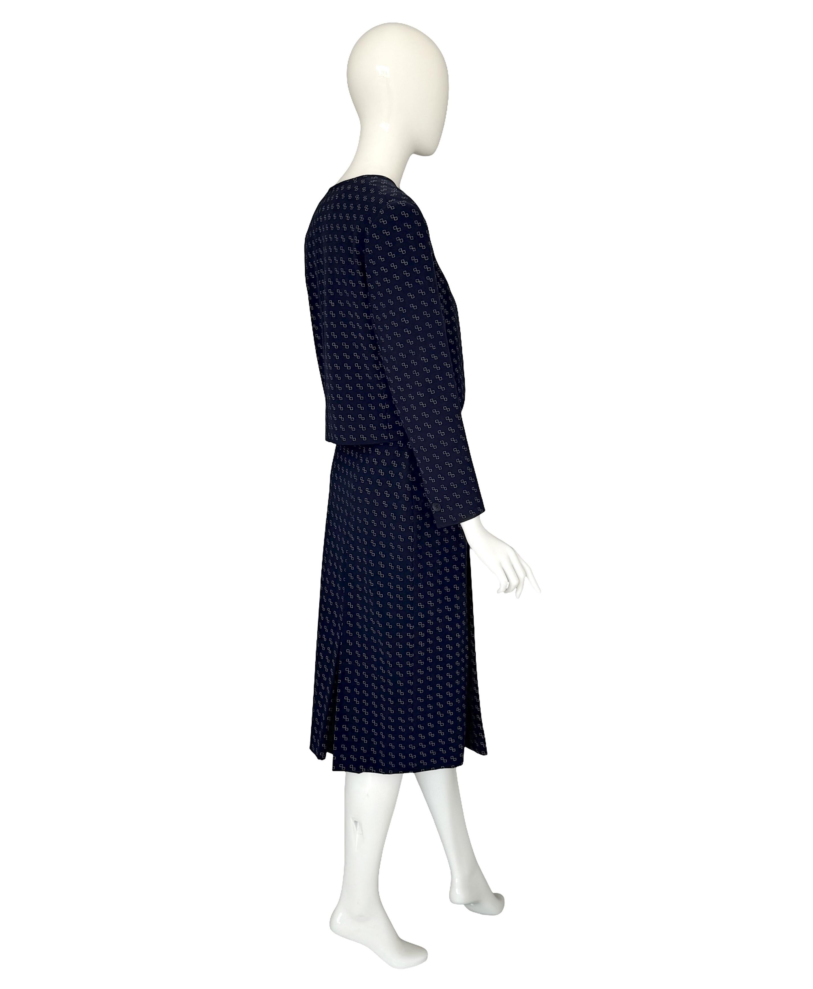 Céline by Céline Vipiana Wool Navy Blue/White Patterned Two Piece Skirt Suit For Sale 4