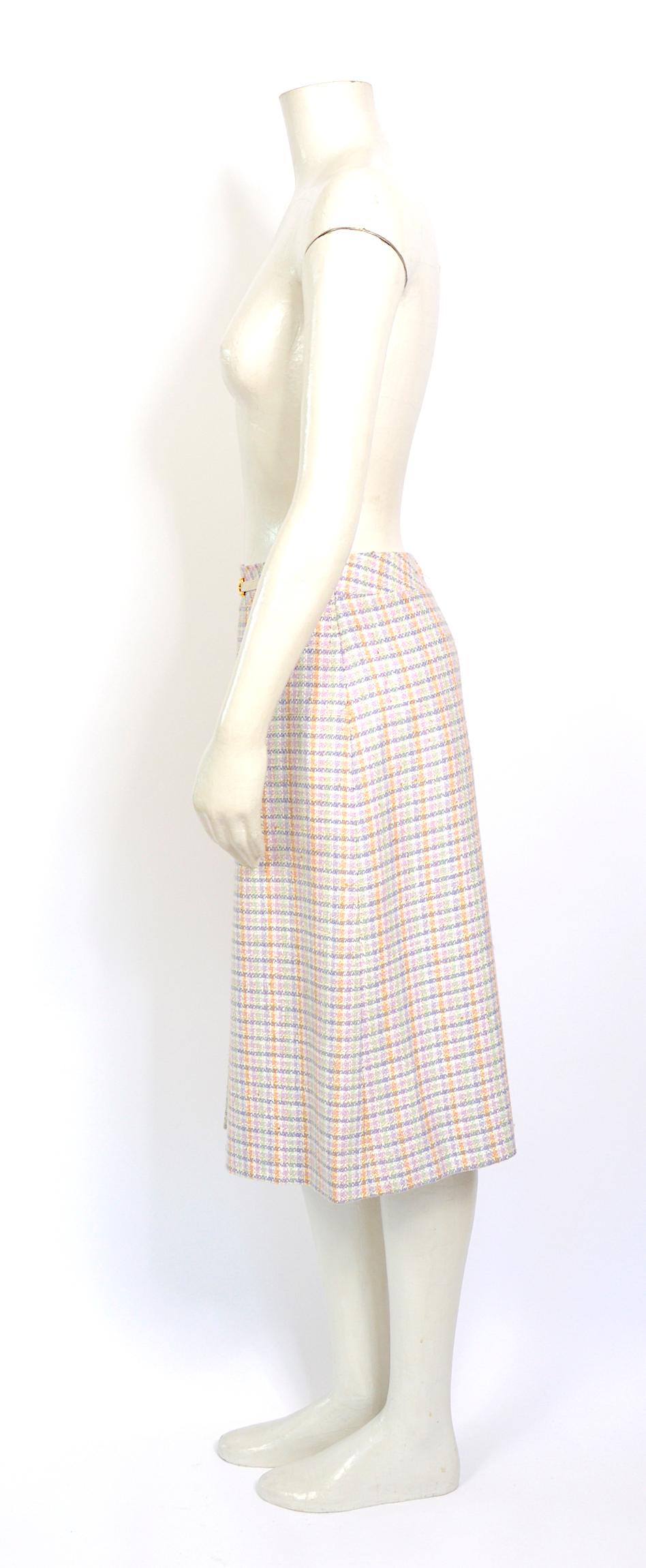 Beige Celine 1970s classic A-Line style pleated check pattern wool skirt