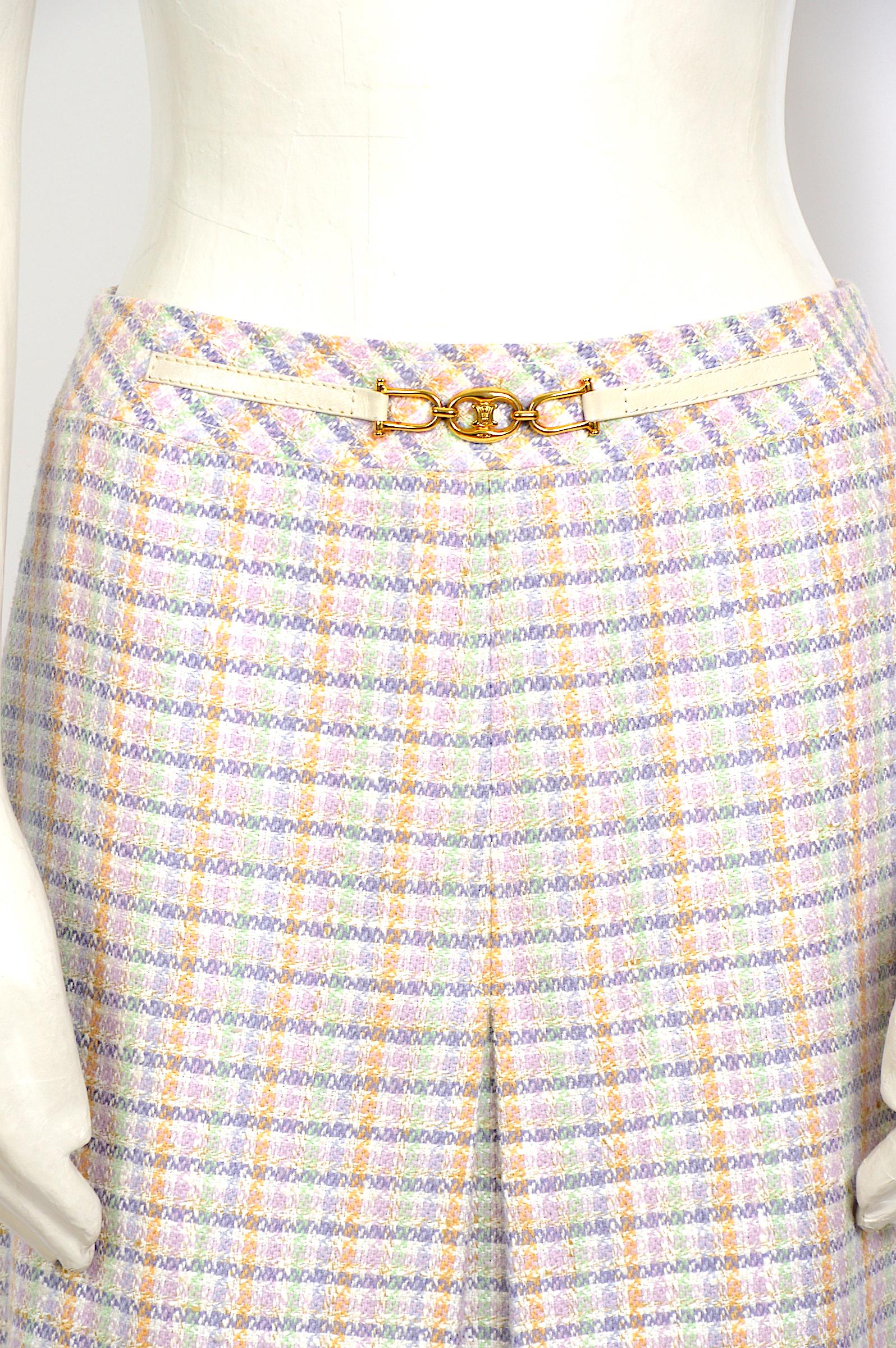 Celine 1970s classic A-Line style pleated check pattern wool skirt 2