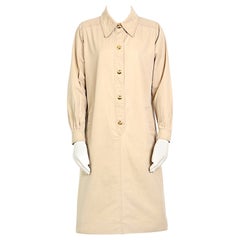 Celine 1970s vintage safari dress with gold buttons and slide front pockets