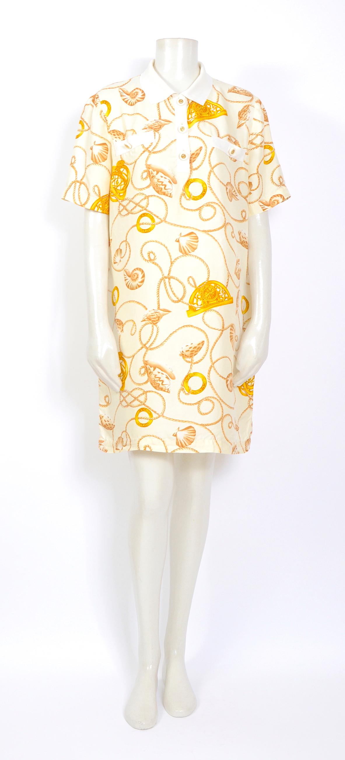 Beige Celine 1980s vintage cord and logo print on creme silk dress