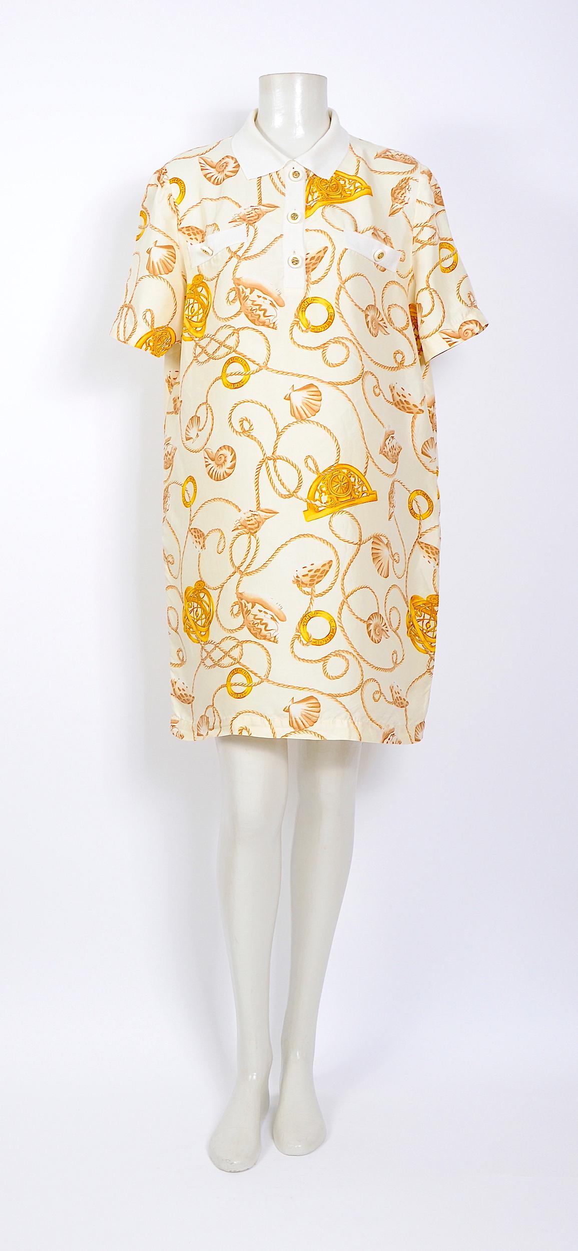 Women's Celine 1980s vintage cord and logo print on creme silk dress
