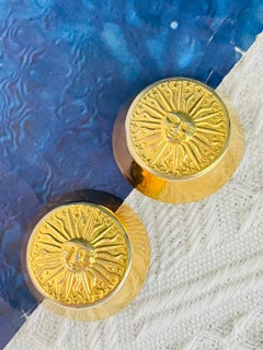 Celine 1988 Vintage Large Gold Radiant Sun Face Star Trapezoid Domed Earrings