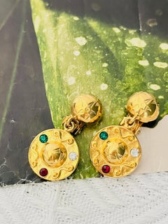 Boucles d'oreilles pendantes Celine 1989 Vintage Crystal Emerald Ruby Globe Celestial Stars