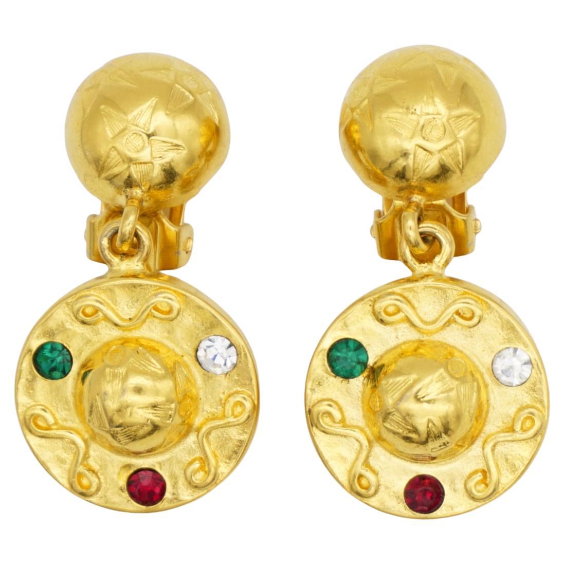 Celine 1989 Vintage Crystal Emerald Ruby Globe Celestial Stars Drop Earrings im Angebot