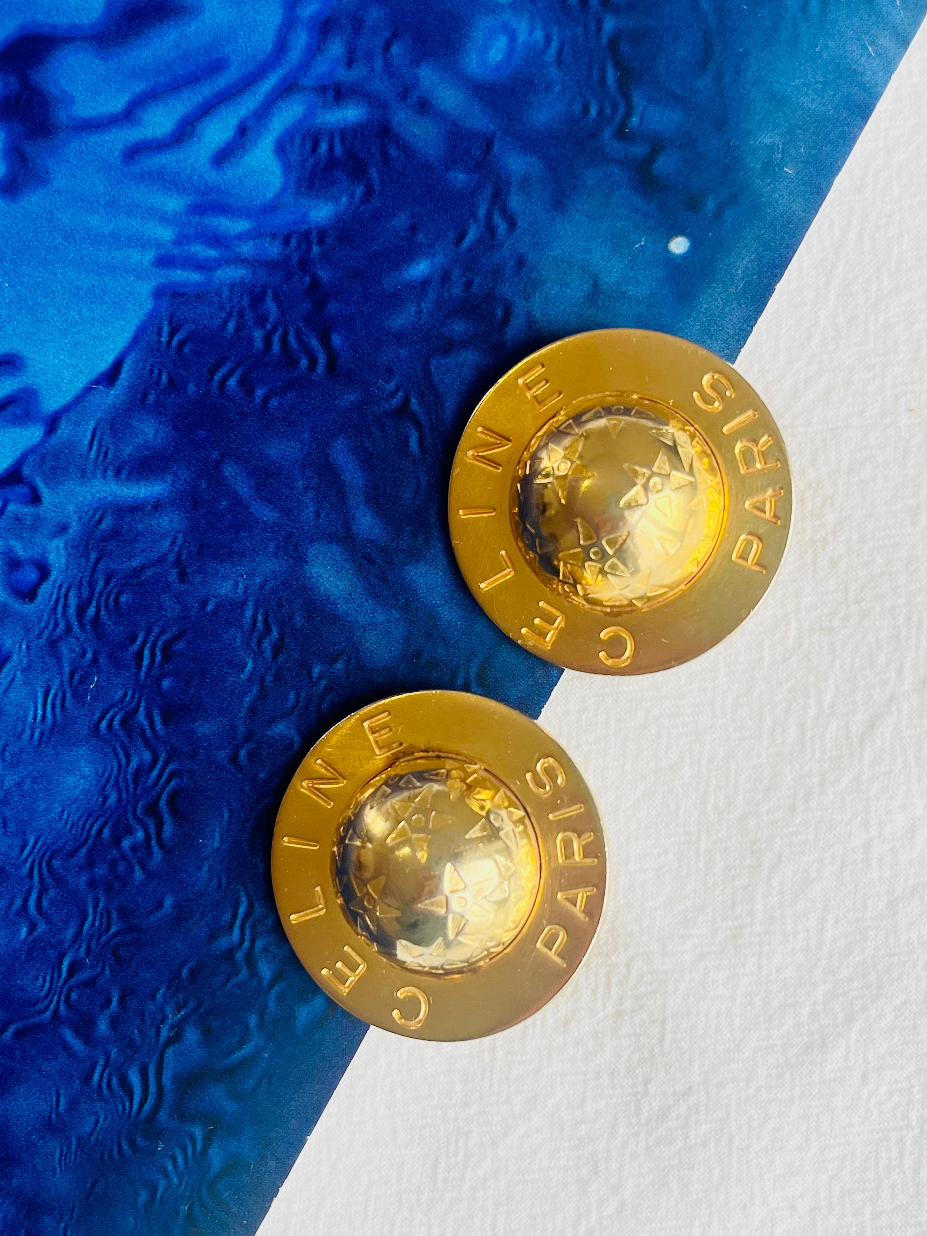 Celine 1989 Vintage Extra Large Iconic Logo Globe Celestial Stars Clip Earrings In Good Condition For Sale In Wokingham, England