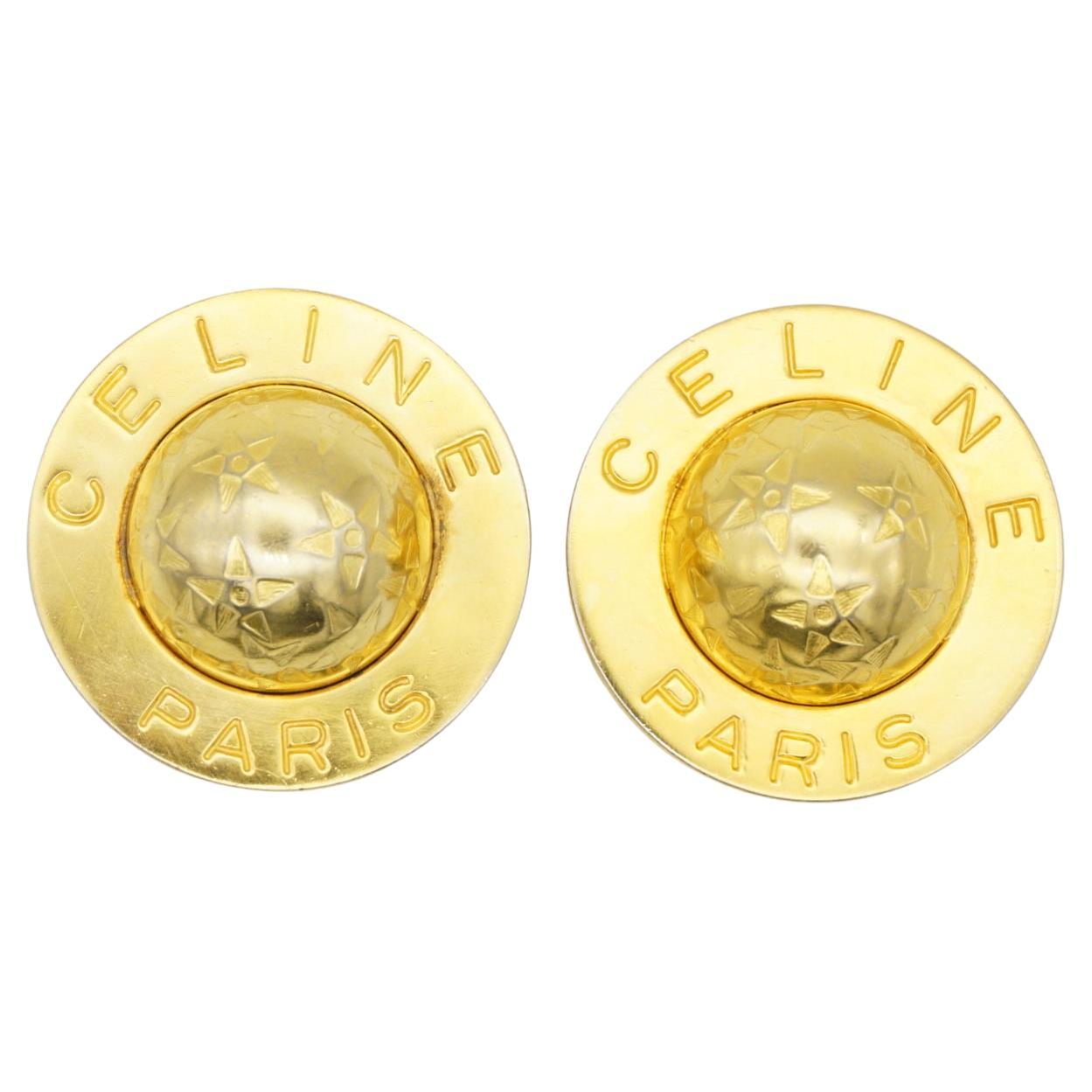 Celine 1989 Vintage Extra Large Iconic Logo Globe Celestial Stars Clip Earrings For Sale