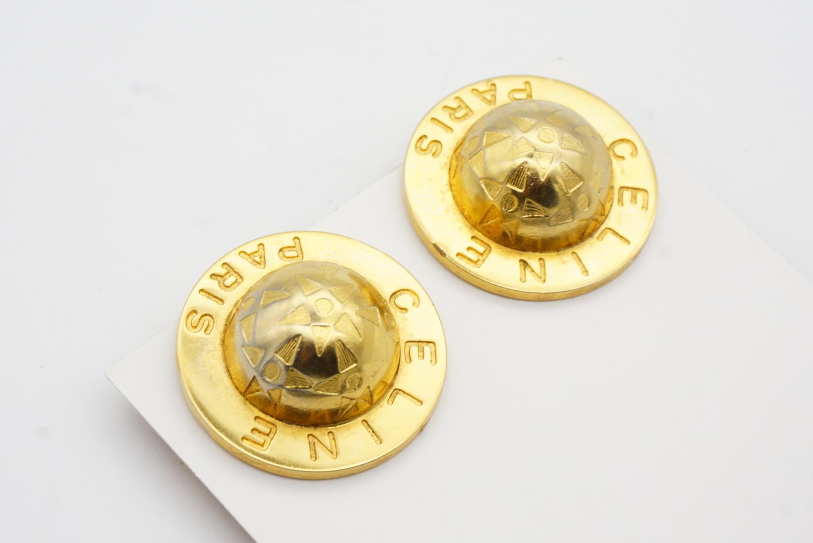 Celine 1989 Vintage Large Iconic Logo Globe Celestial Stars Gold Clip Earrings 5