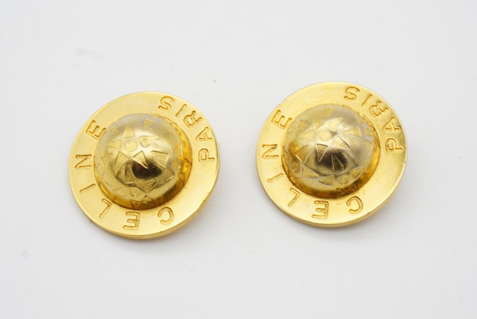 Celine 1989 Vintage Large Iconic Logo Globe Celestial Stars Gold Clip Earrings 6