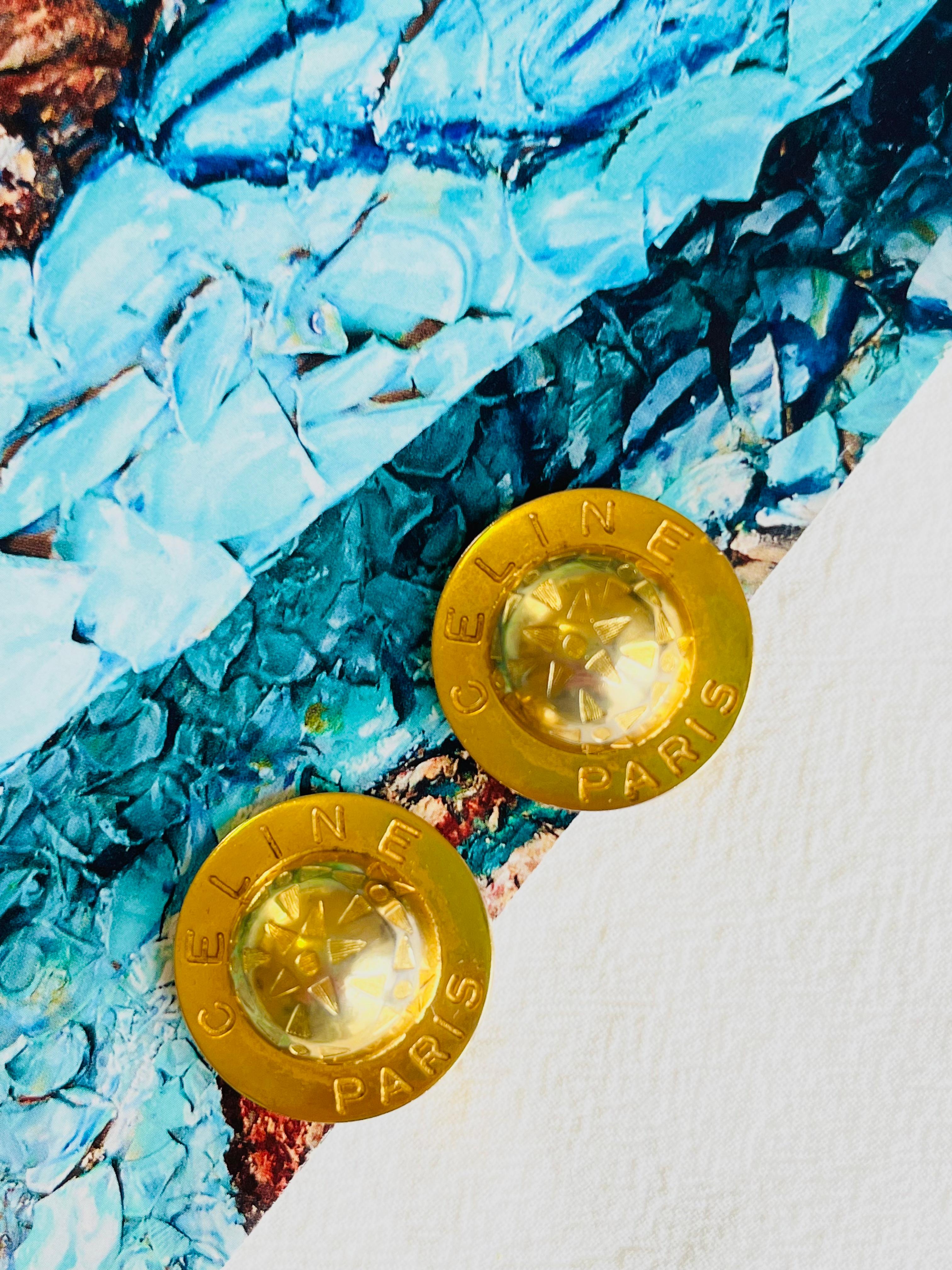 Baroque Celine 1989 Vintage Large Iconic Logo Globe Celestial Stars Gold Clip Earrings