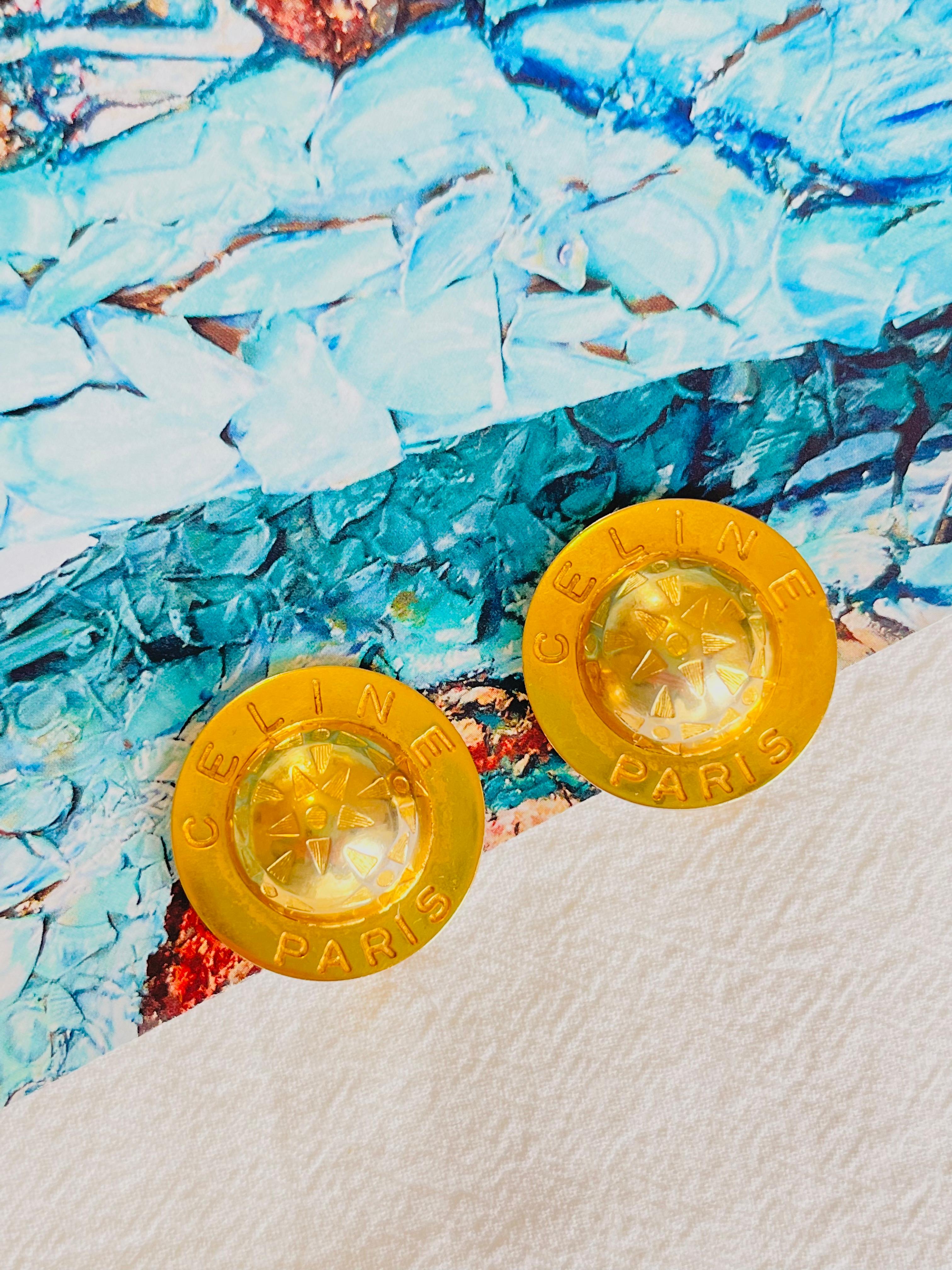 Celine 1989 Vintage Large Iconic Logo Globe Celestial Stars Gold Clip Earrings In Good Condition In Wokingham, England