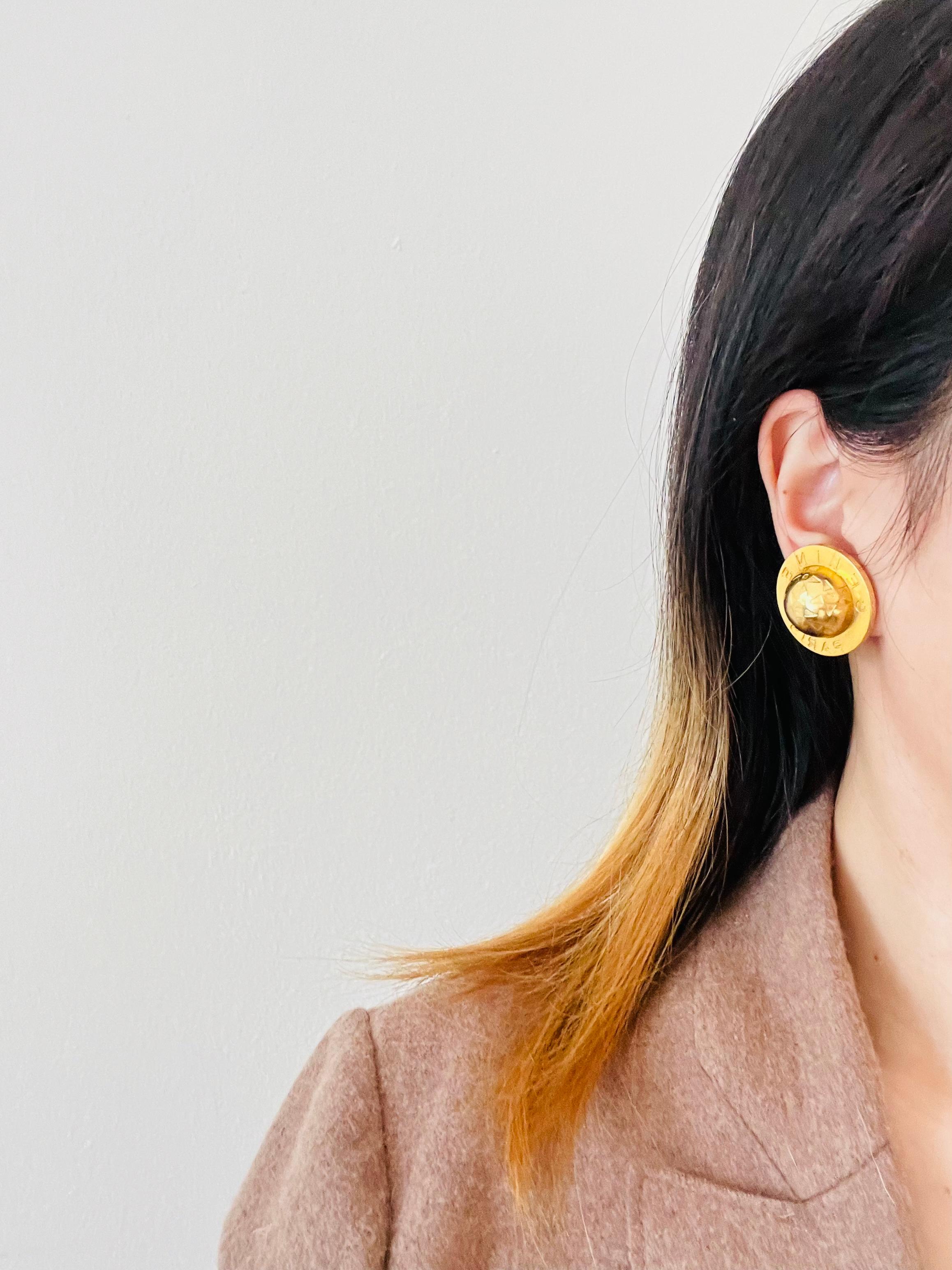 Celine 1989 Vintage Large Iconic Logo Globe Celestial Stars Gold Clip Earrings 1