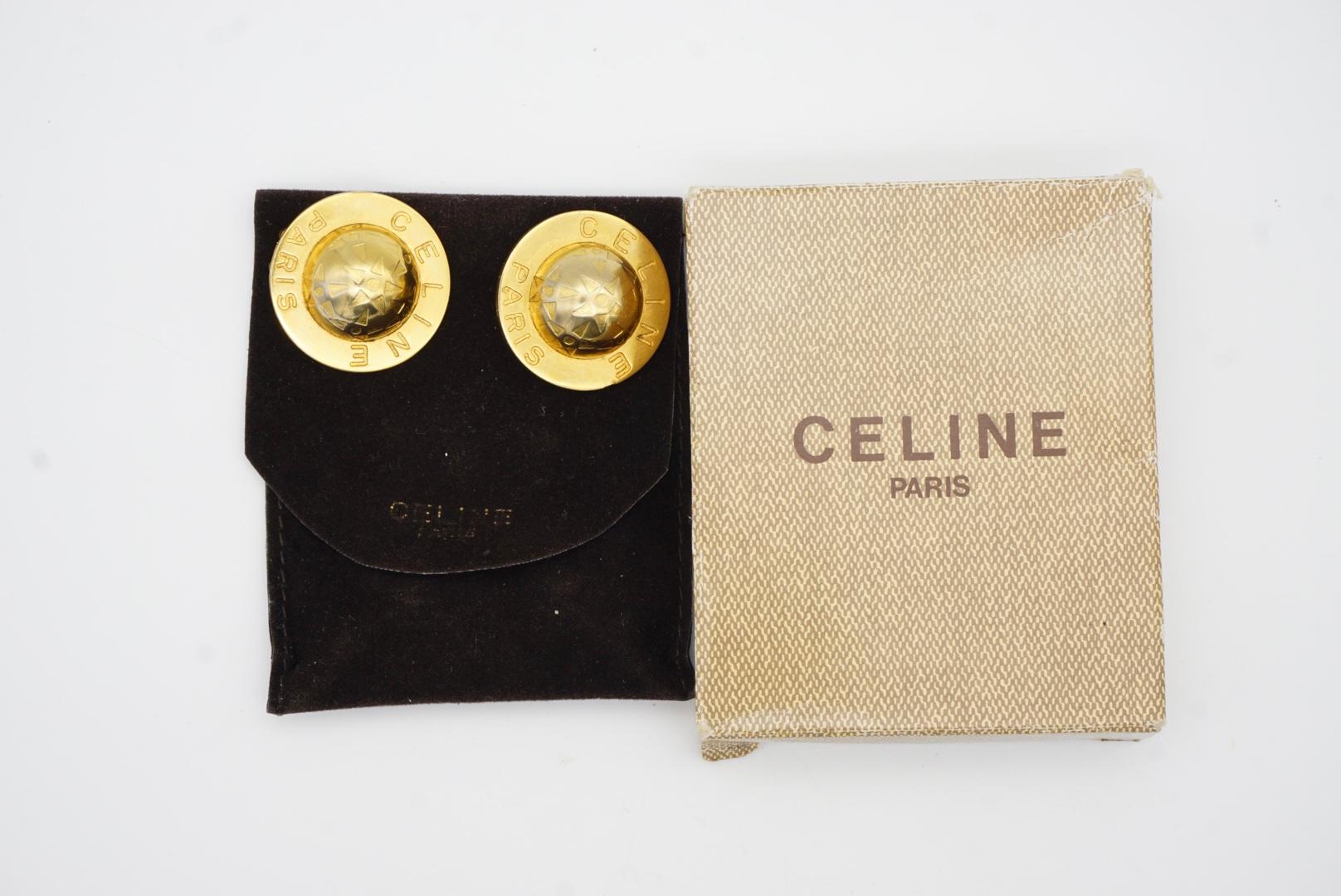Celine 1989 Vintage Large Iconic Logo Globe Celestial Stars Gold Clip Earrings  In Good Condition For Sale In Wokingham, England
