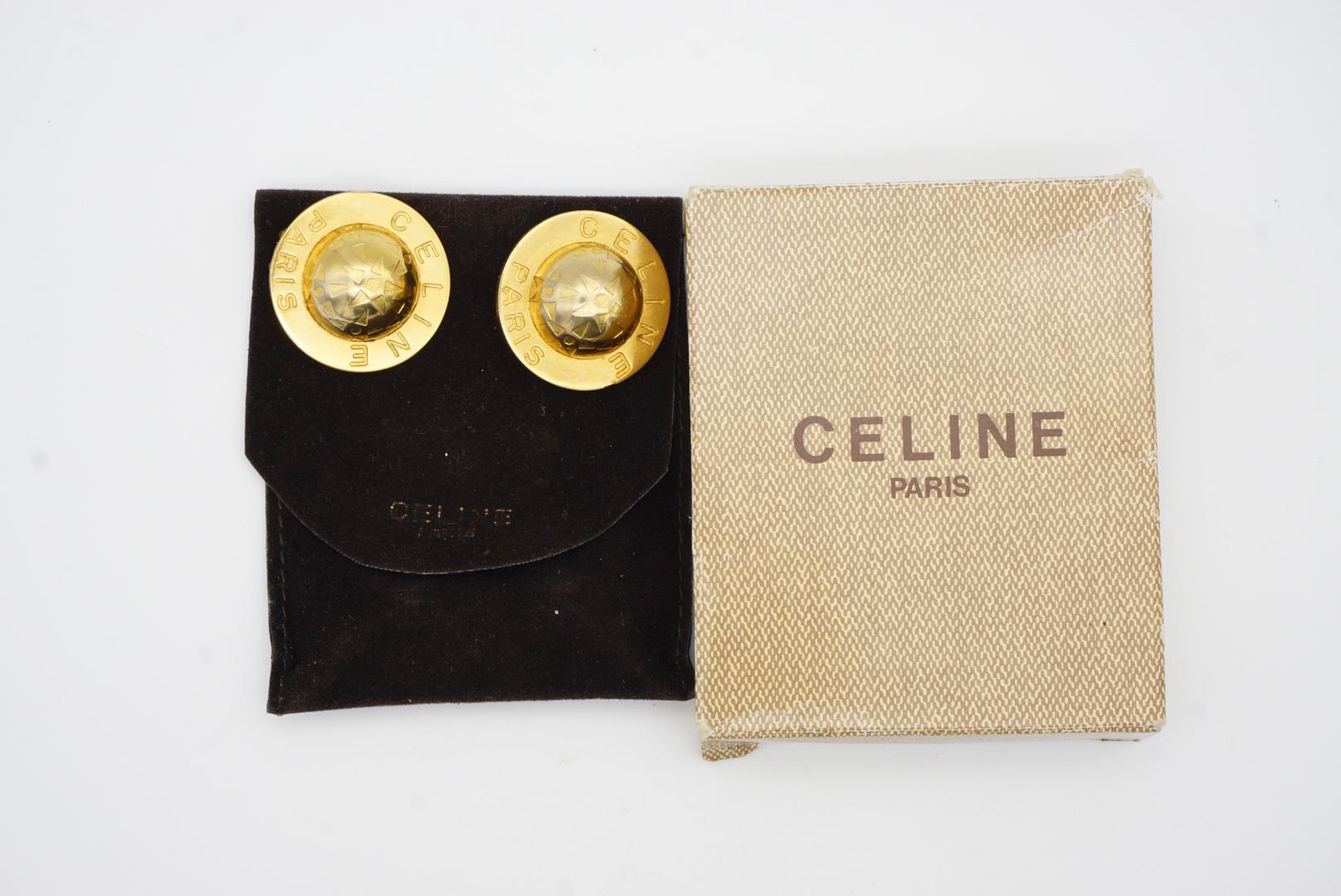 Celine 1989 Vintage Large Iconic Logo Globe Celestial Stars Gold Clip Earrings 3