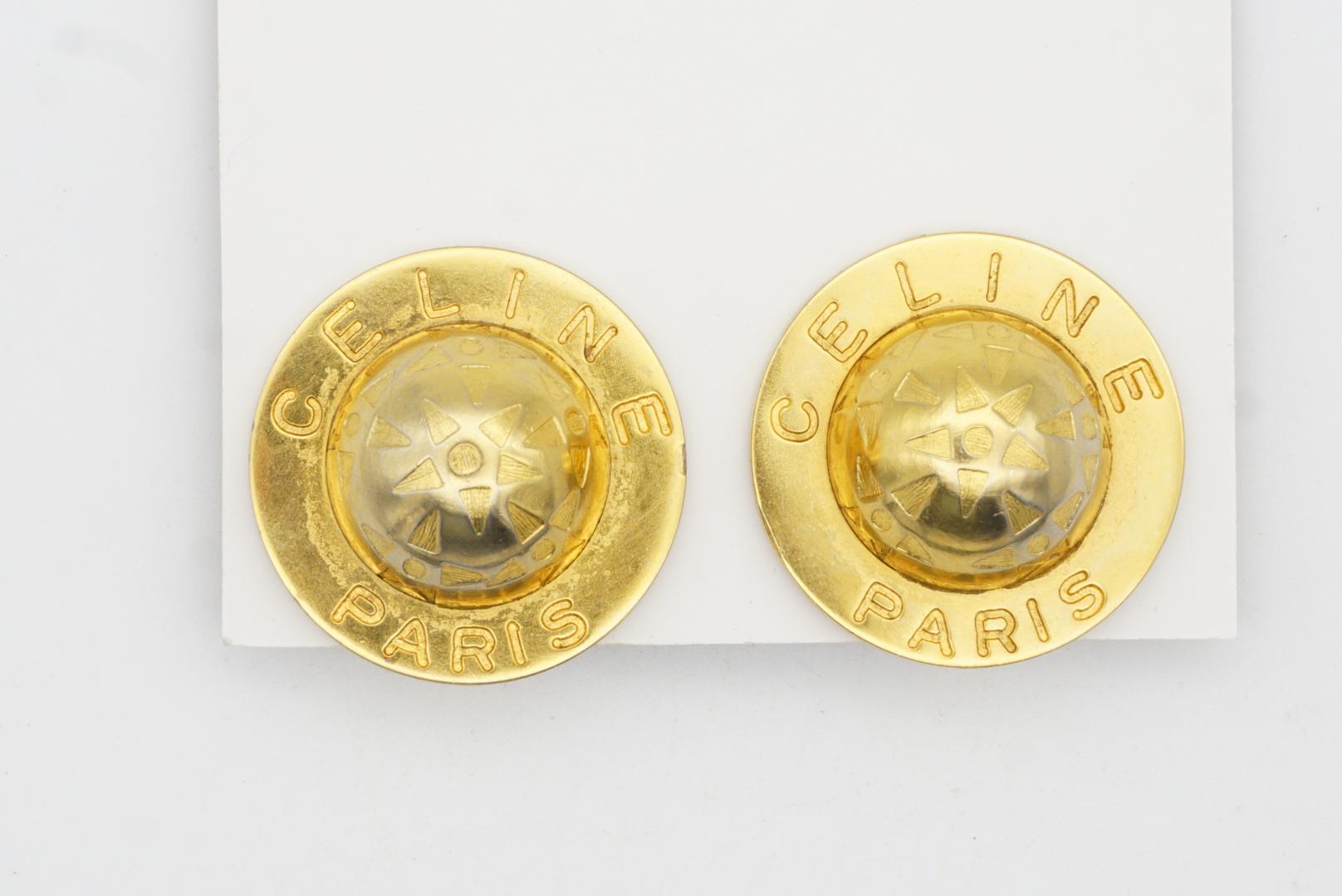 Celine 1989 Vintage Gran Icono Logo Globo Estrellas Celestiales Pendientes Clip Oro 4