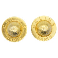 Celine 1989 Vintage Large Iconic Logo Globe Celestial Stars Gold Clip Earrings 