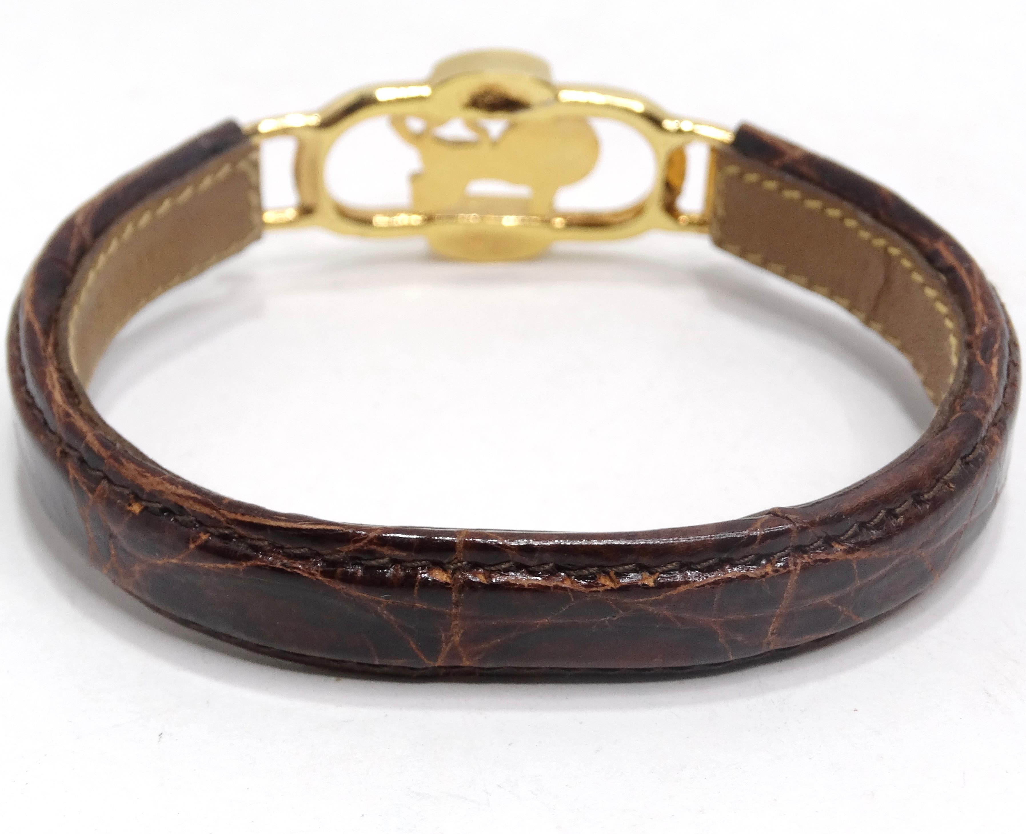 Celine 1990s Gold Tone Horse Emblem Leather Bracelet In Excellent Condition For Sale In Scottsdale, AZ