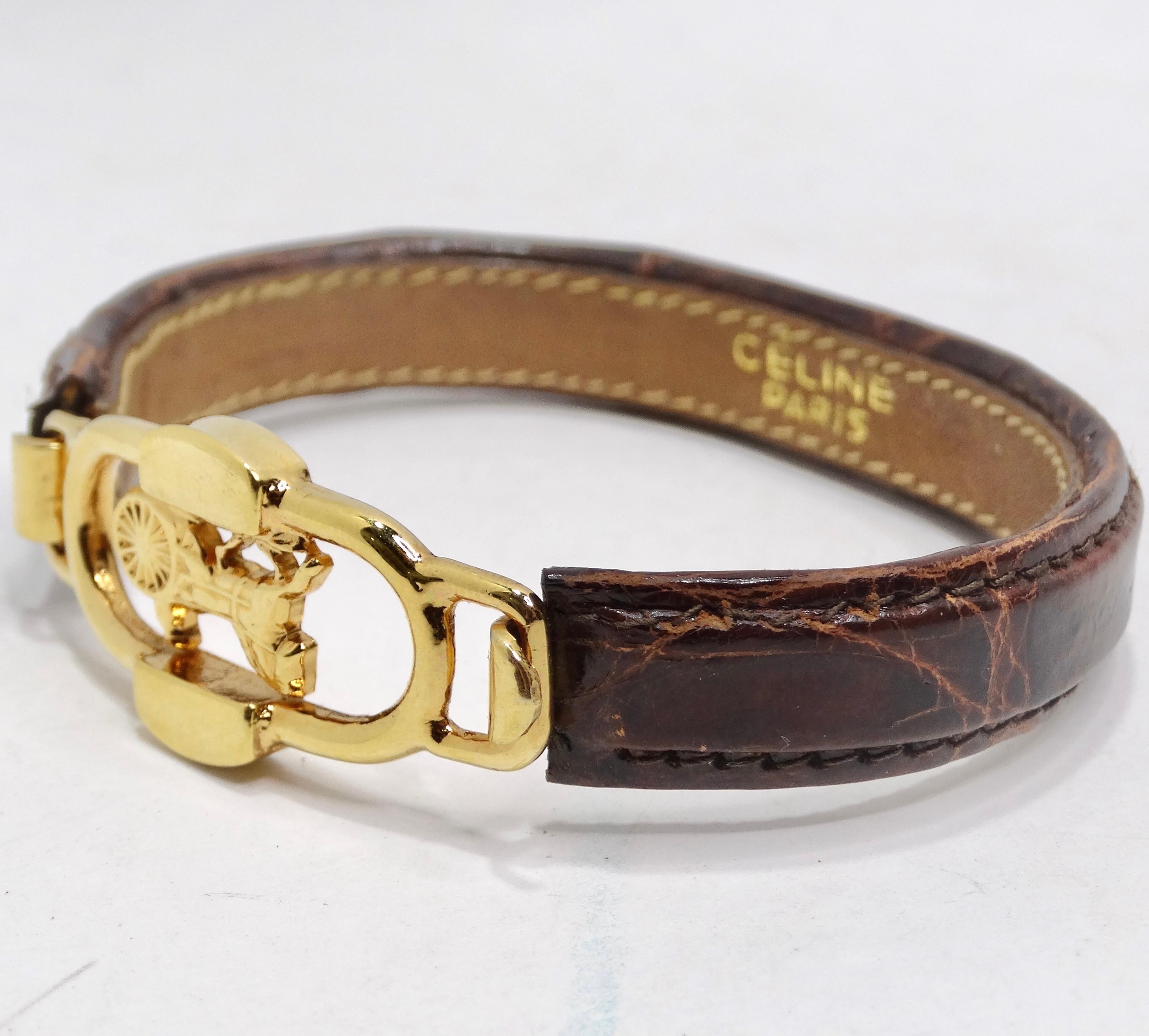 Celine 1990s Gold Tone Horse Emblem Leather Bracelet In Excellent Condition For Sale In Scottsdale, AZ