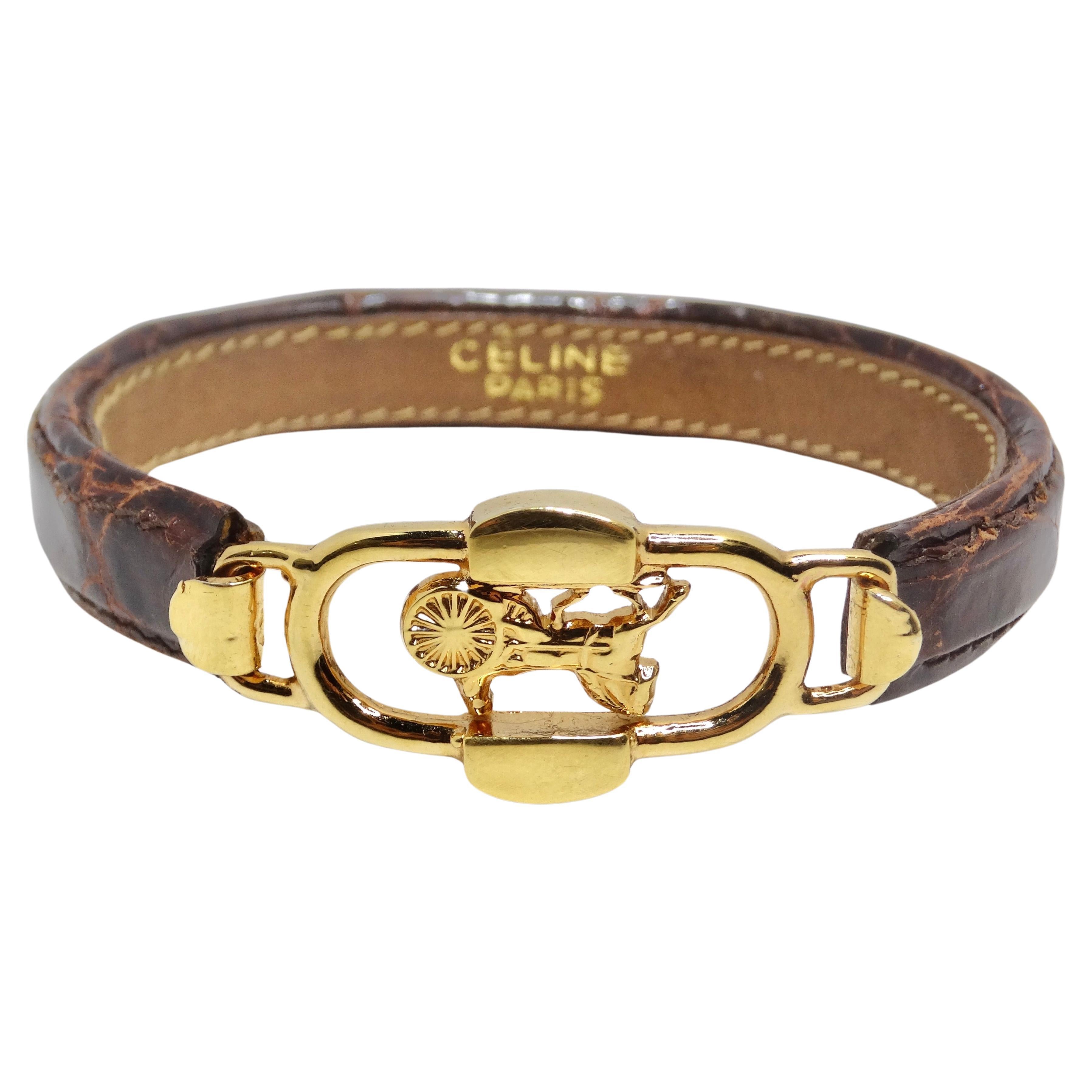 Celine 1990s Gold Tone Horse Emblem Leather Bracelet For Sale