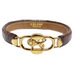 Retro Celine 1990s Gold Tone Horse Emblem Leather Bracelet
