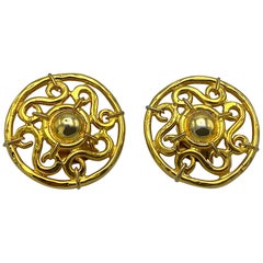 Celine 1990s Large Round Gold Openwork Button Earrings