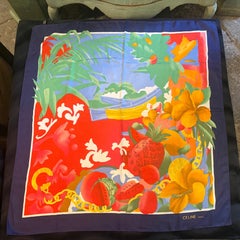 Celine 1990s Vintage Tropical Motif Silk Scarf for Women, Italy Made