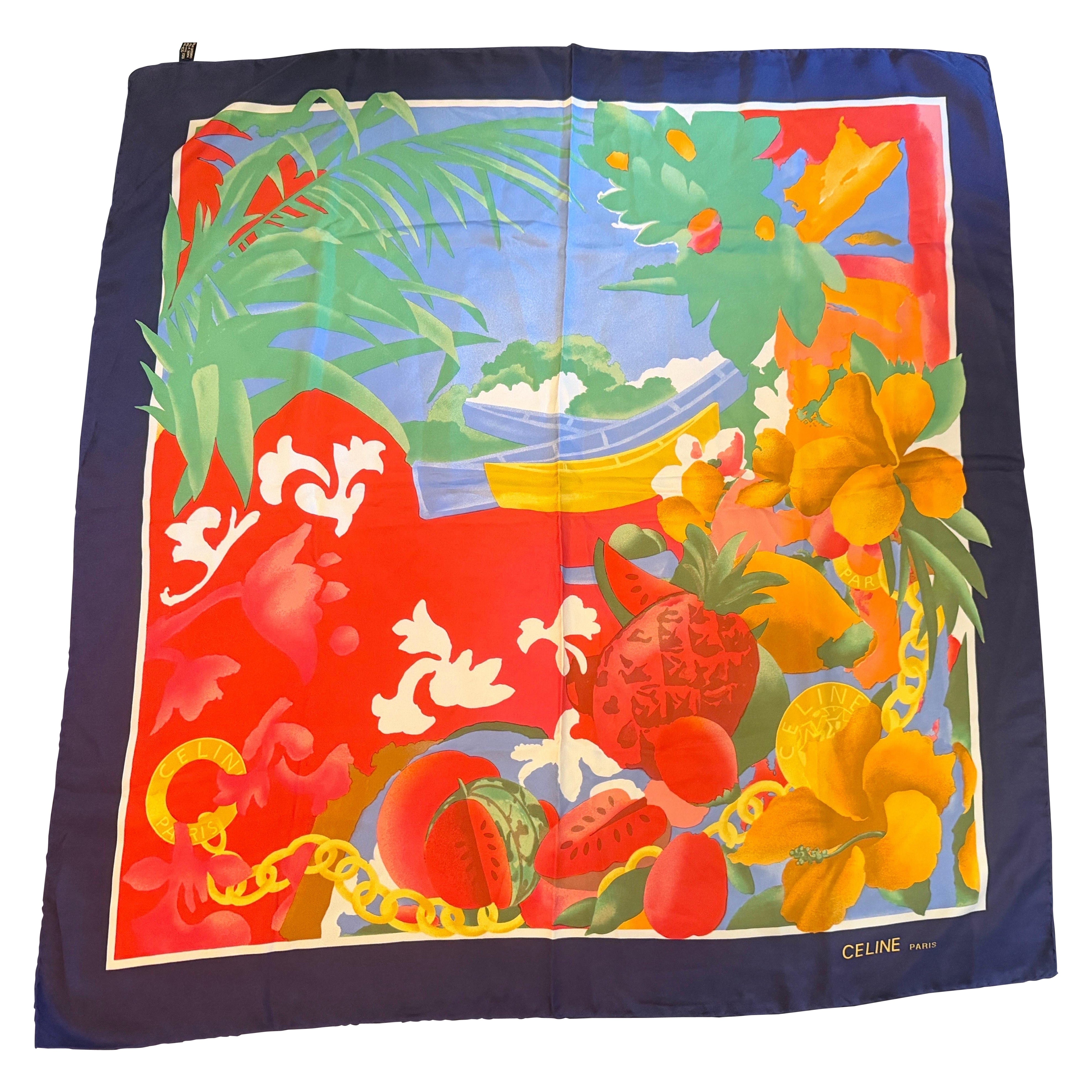 Pre-owned Celine 1990s Vintage Tropical Motif Silk Scarf For Women, Italy Made In Brown