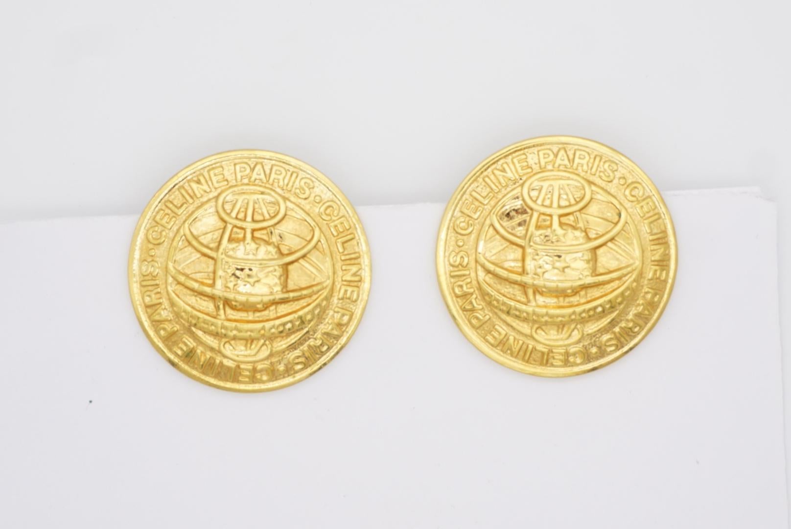 Celine 1992 Vintage Iconic Logo Medallion Circle Earth Globe Gold Clip Earrings 5