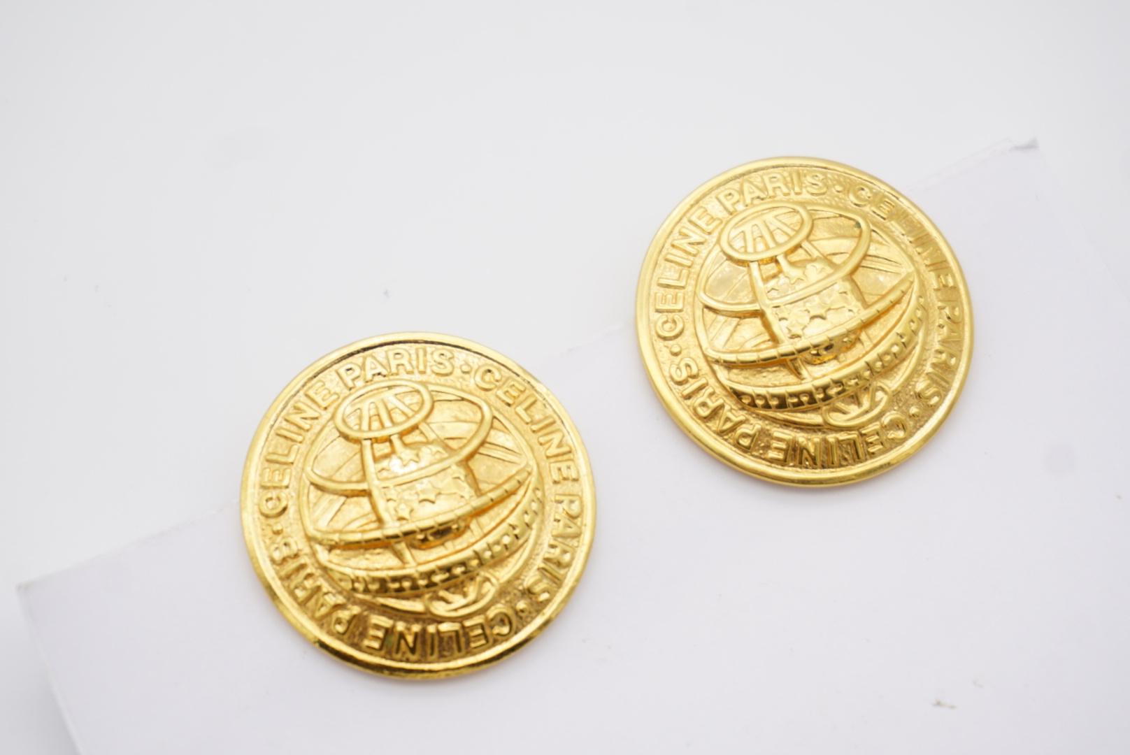 Celine 1992 Vintage Iconic Logo Medallion Circle Earth Globe Gold Clip Earrings 6
