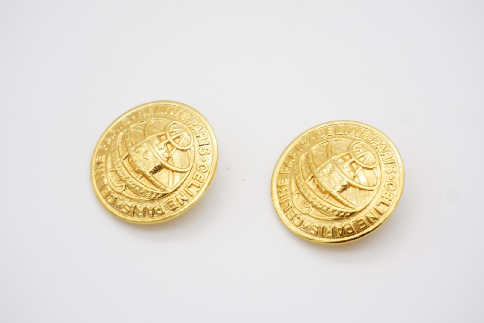 Celine 1992 Vintage Iconic Logo Medallion Circle Earth Globe Gold Clip Earrings 7