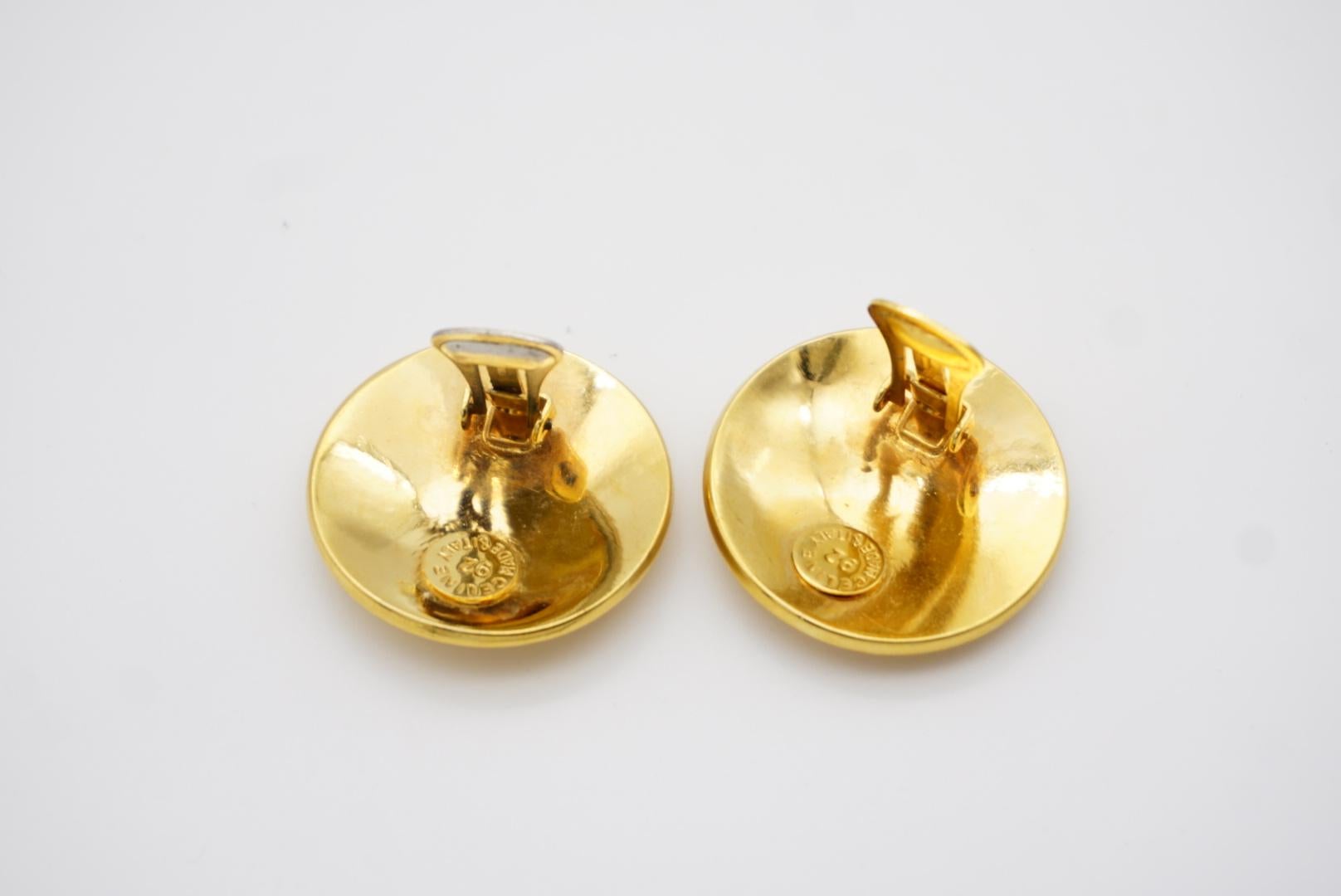 Celine 1992 Vintage Iconic Logo Medallion Circle Earth Globe Gold Clip Earrings For Sale 8