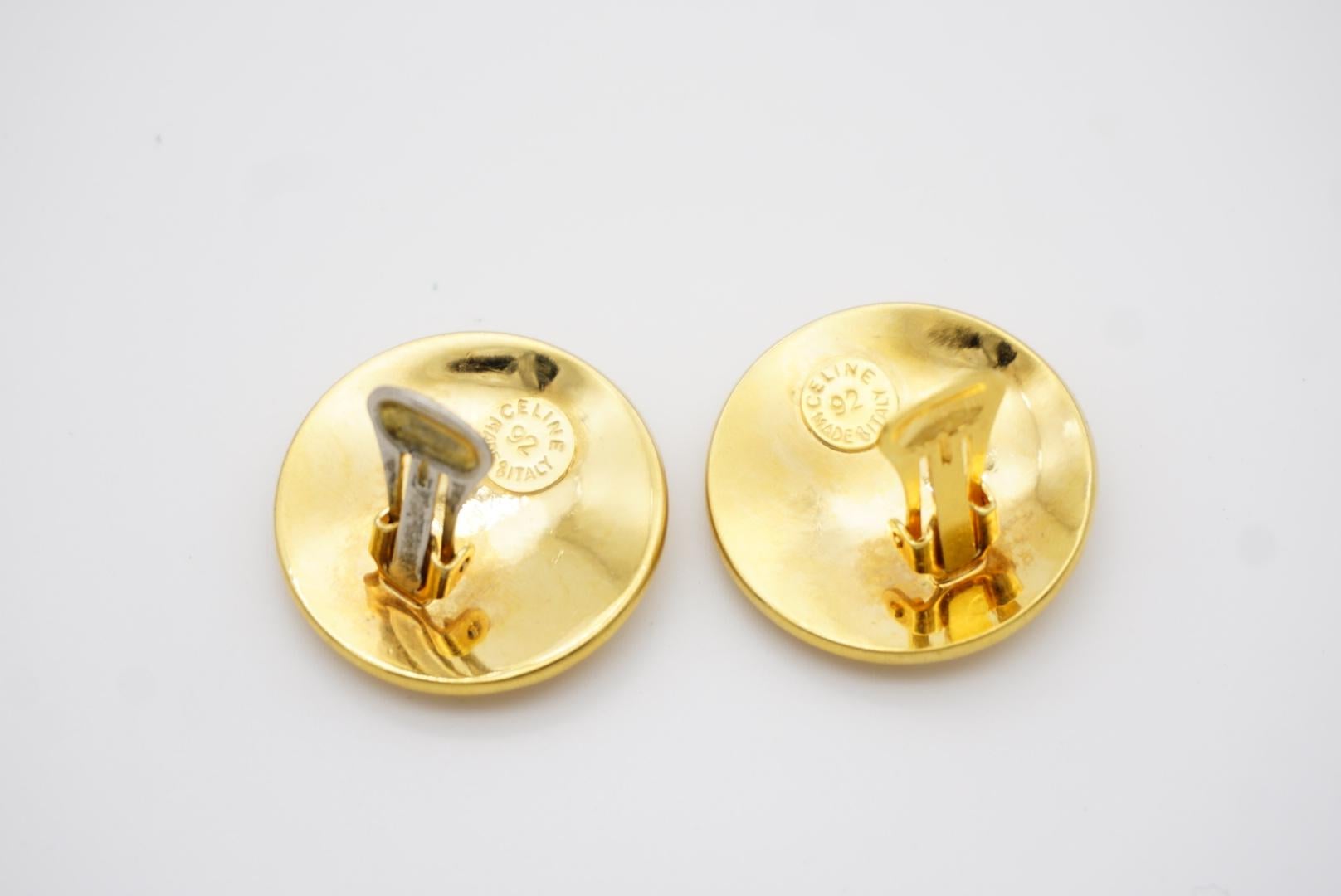 Celine 1992 Vintage Iconic Logo Medallion Circle Earth Globe Gold Clip Earrings For Sale 9