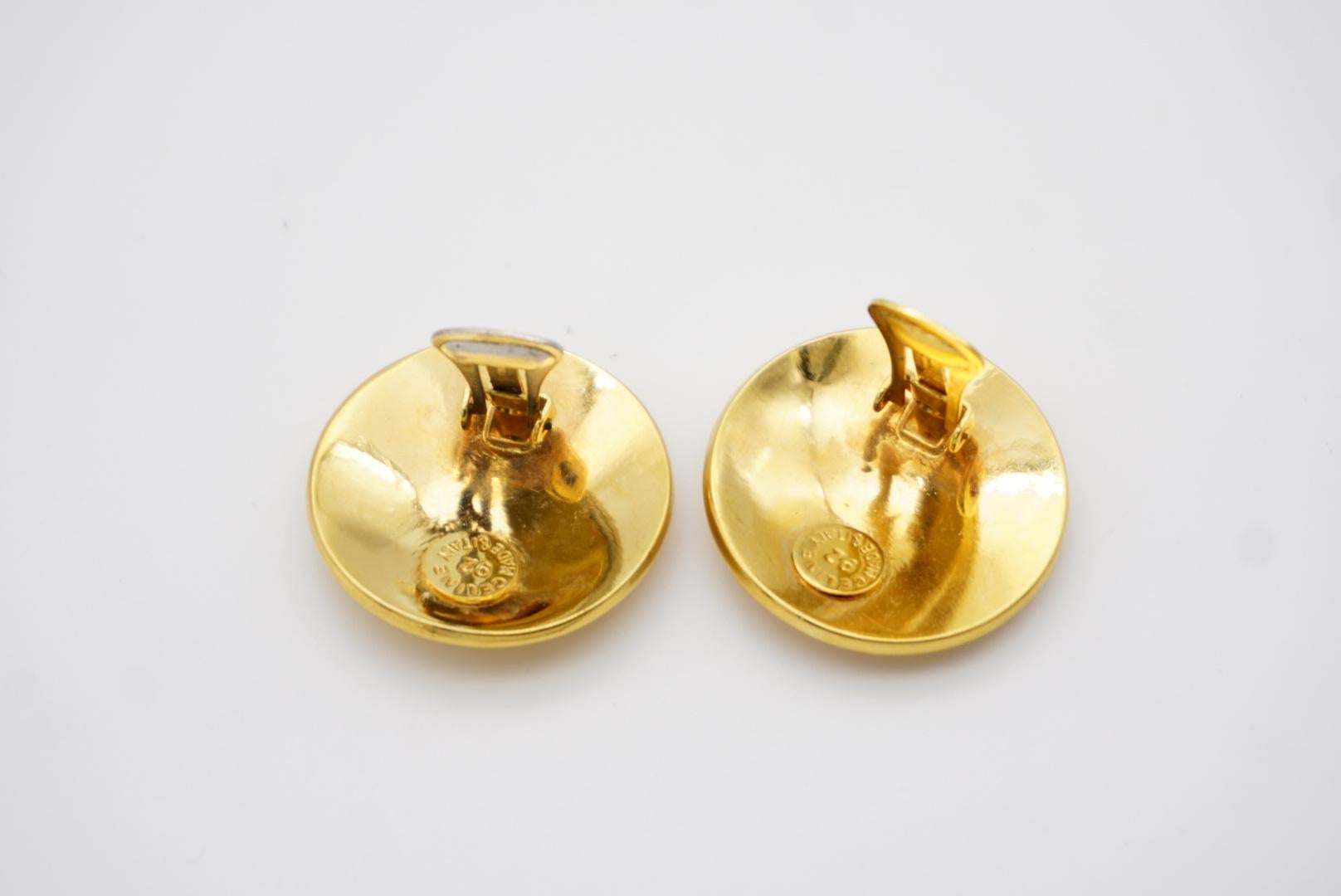 Celine 1992 Vintage Iconic Logo Medallion Circle Earth Globe Gold Clip Earrings 9