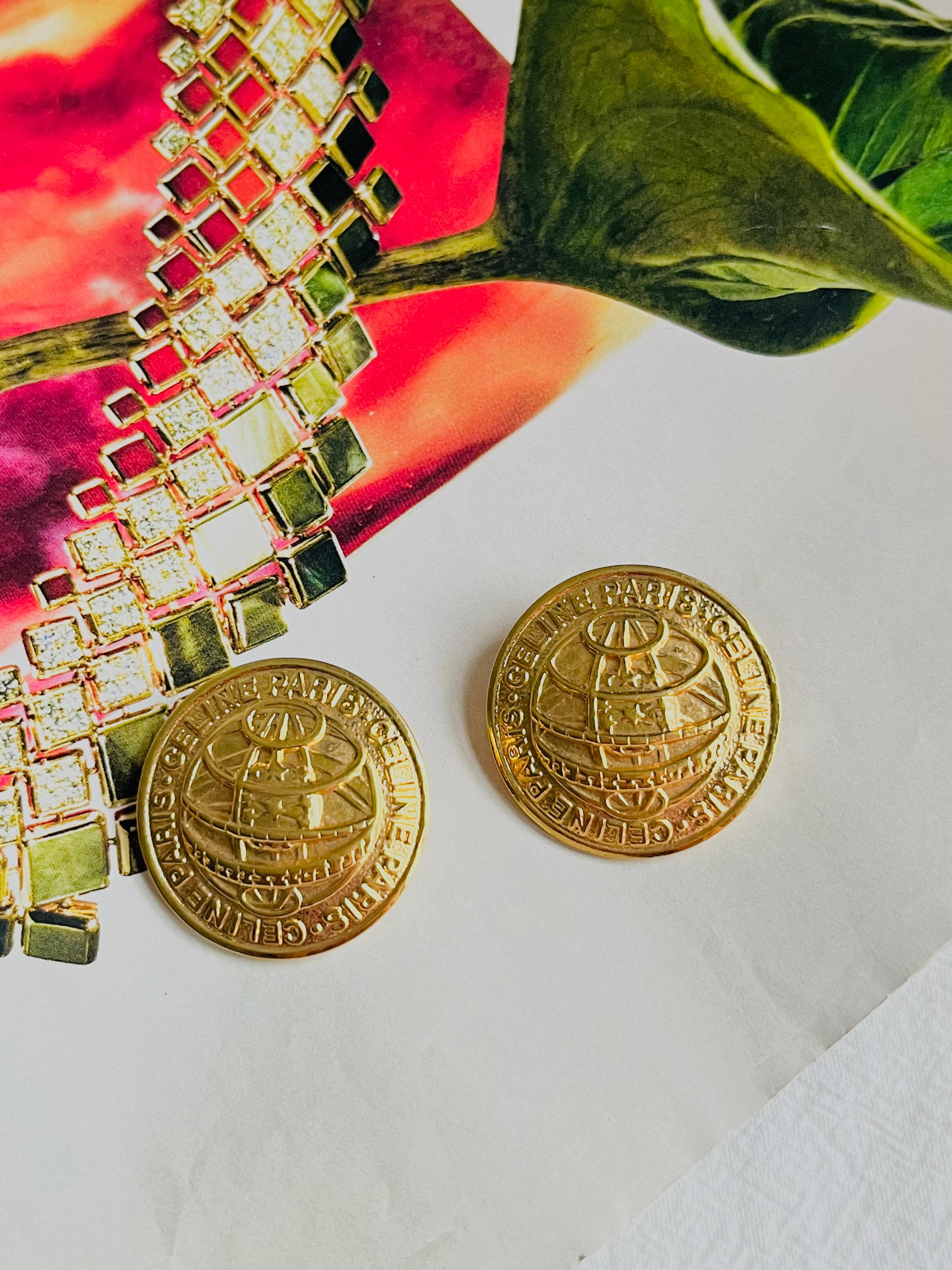 Art Deco Celine 1992 Vintage Iconic Logo Medallion Circle Earth Globe Gold Clip Earrings
