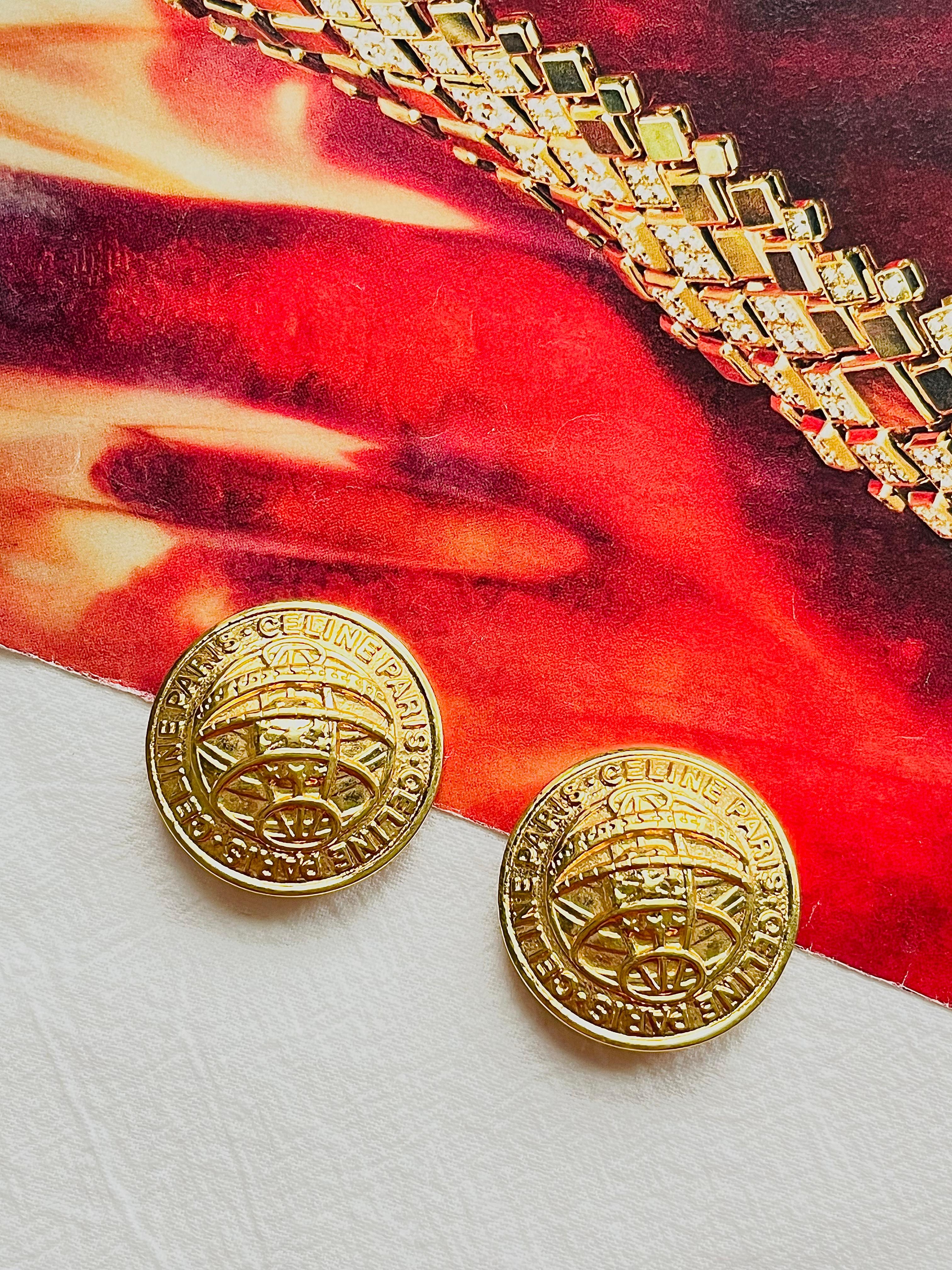 Celine 1992 Vintage Iconic Logo Medallion Circle Earth Globe Gold Clip Earrings In Good Condition For Sale In Wokingham, England