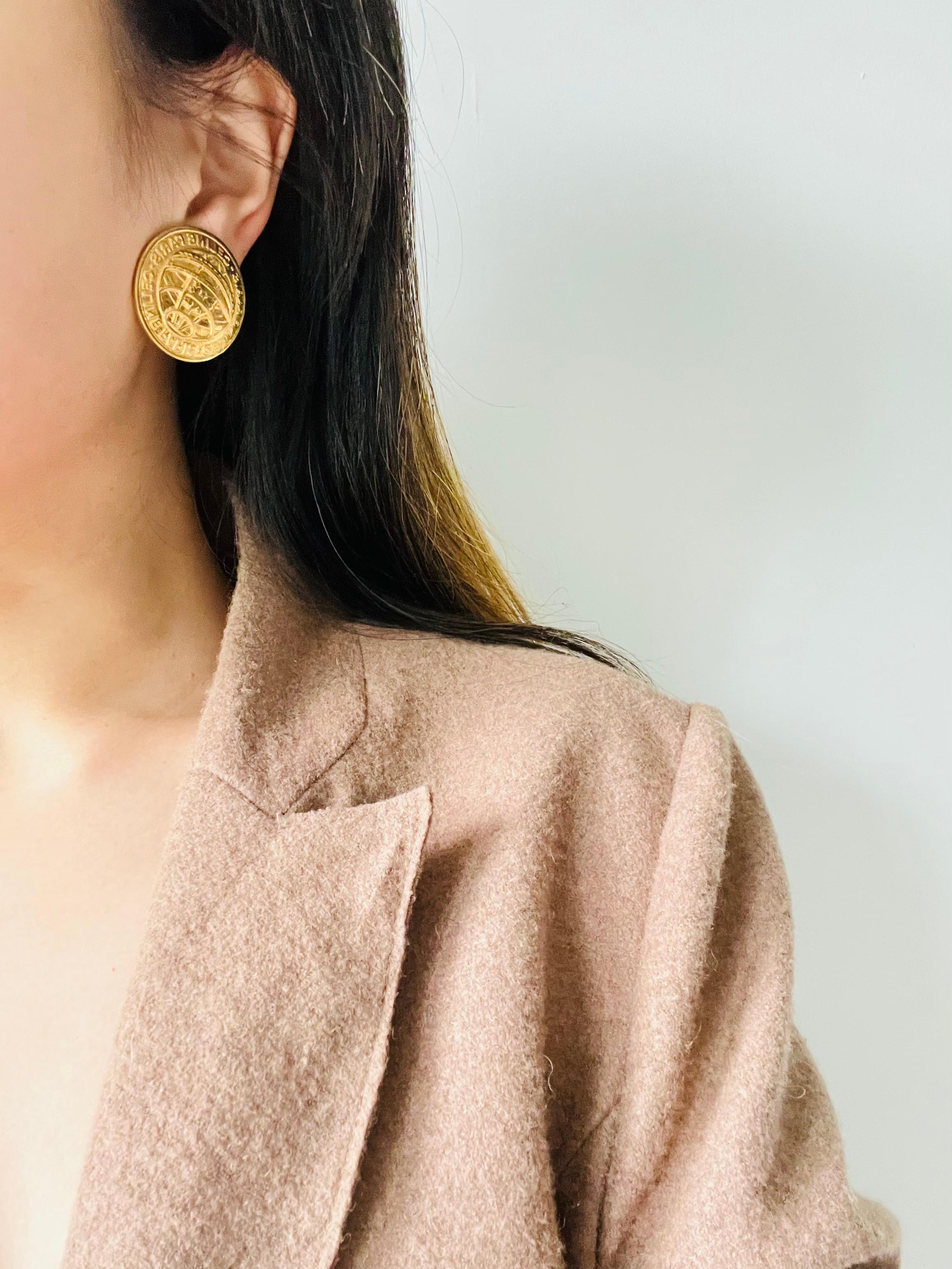 Celine 1992 Vintage Iconic Logo Medallion Circle Earth Globe Gold Clip Earrings 1