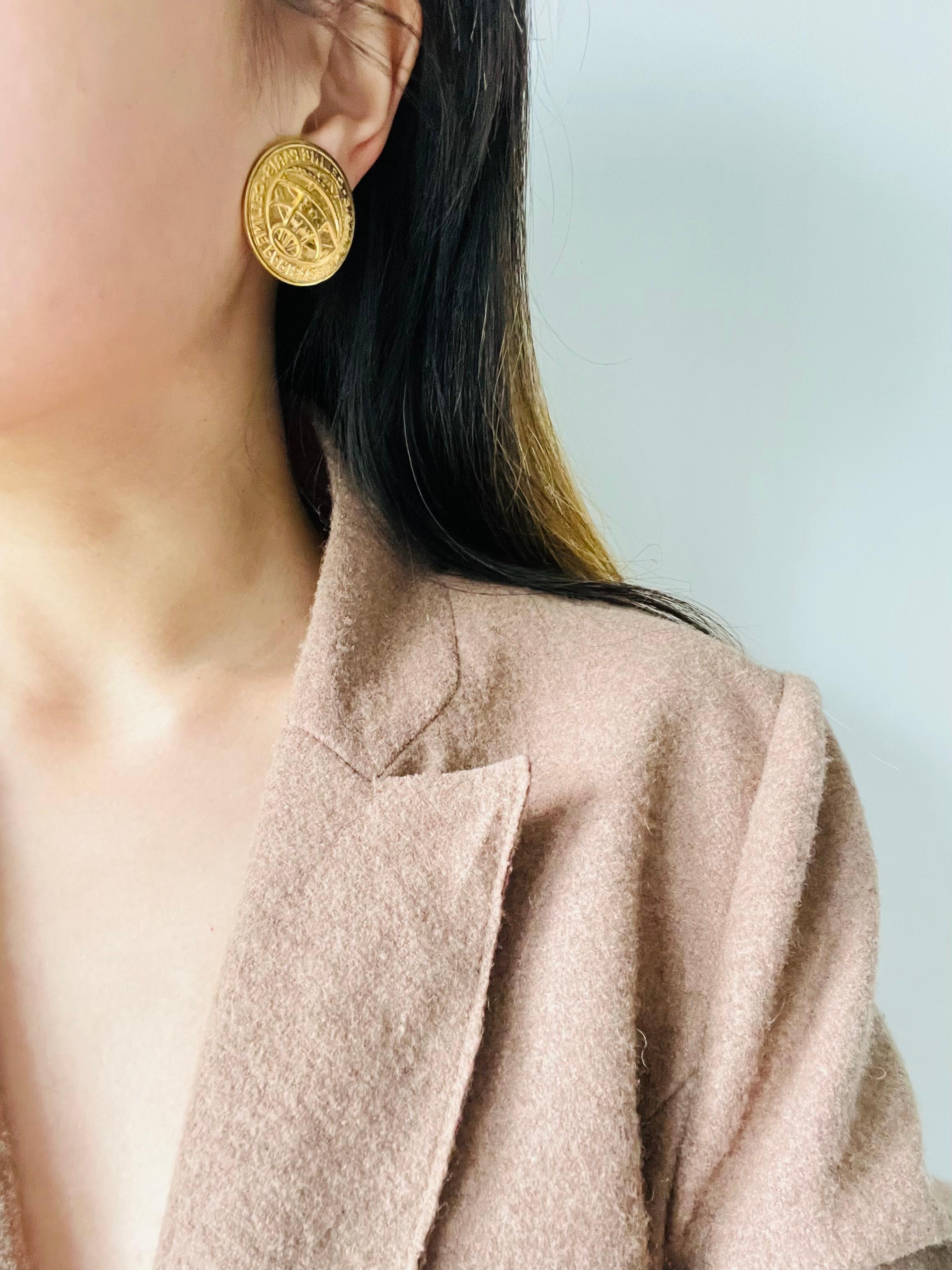 Celine 1992 Vintage Iconic Logo Medallion Circle Earth Globe Gold Clip Earrings 2
