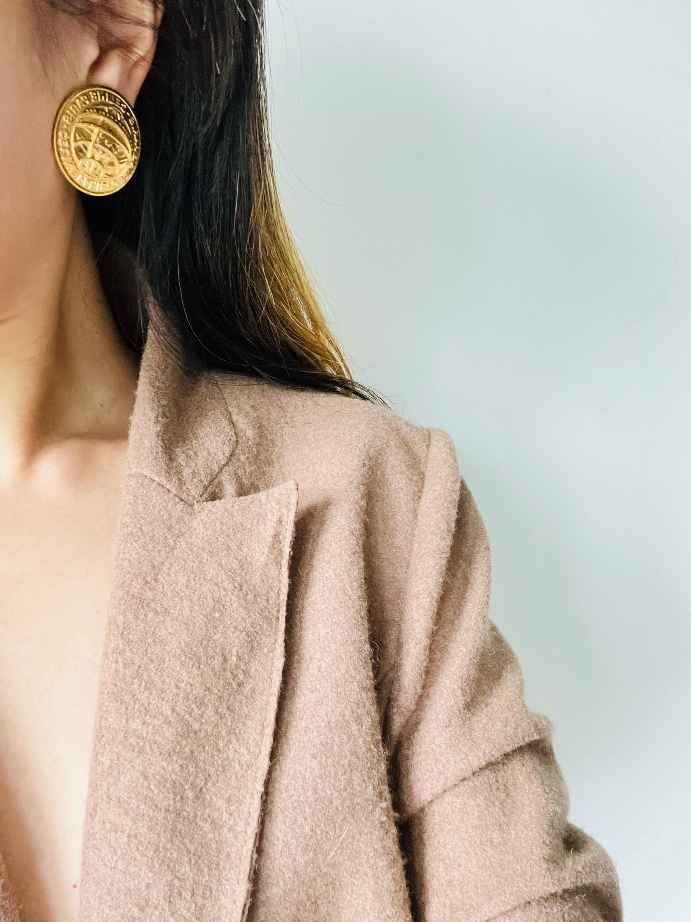Celine 1992 Vintage Iconic Logo Medallion Circle Earth Globe Gold Clip Earrings For Sale 3