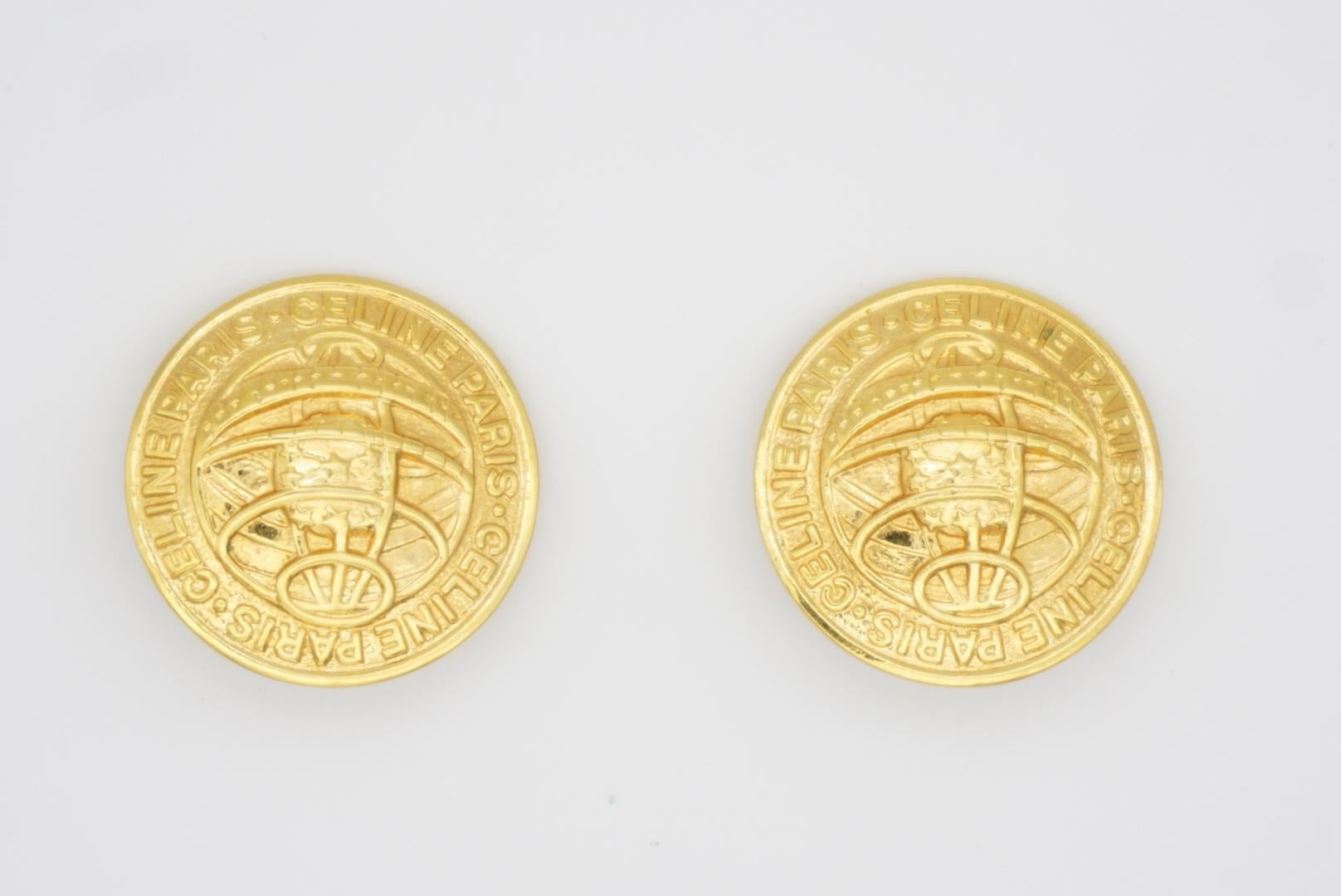 Celine 1992 Vintage Iconic Logo Medallion Circle Earth Globe Gold Clip Earrings 4