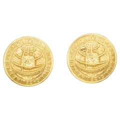 Celine 1992 Vintage Iconic Logo Medallion Circle Earth Globe Gold Clip Earrings