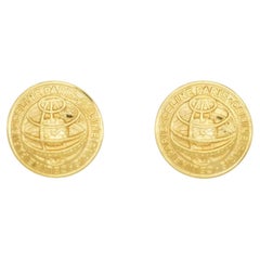 Celine 1992 Vintage Iconic Logo Medallion Circle Earth Globe Gold Clip Earrings
