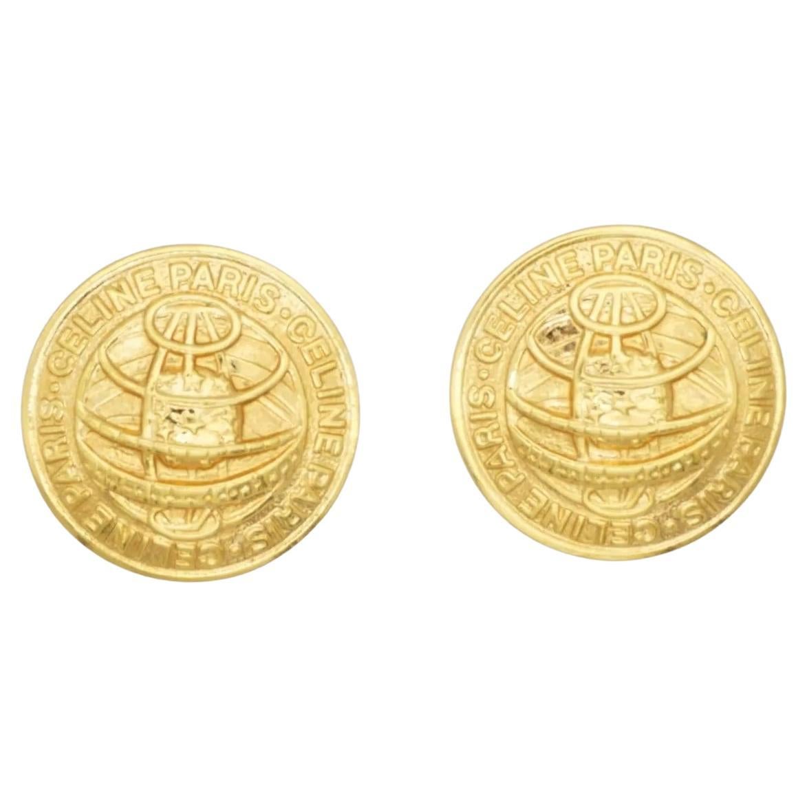 Celine 1992 Vintage Iconic Logo Medallion Circle Earth Globe Gold Clip Earrings For Sale