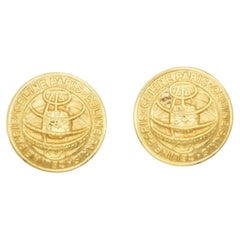 Celine 1992 Vintage Iconic Logo Medallion Circle Earth Globe Gold Clip Earrings
