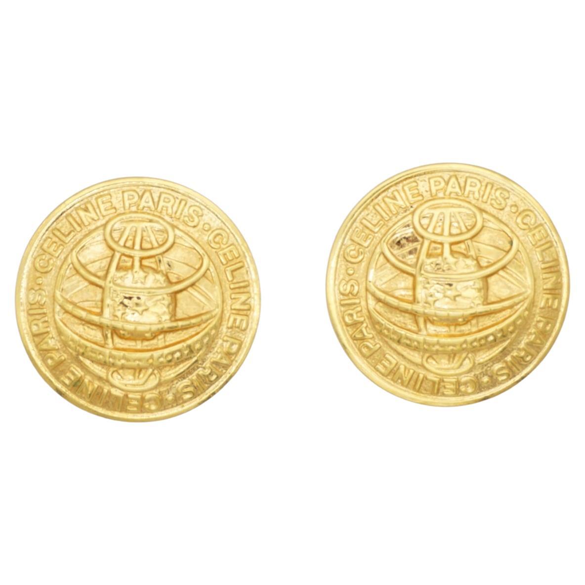 Celine 1992 Vintage Iconic Logo Medallion Circle Earth Globe Pendientes Clip Oro en venta