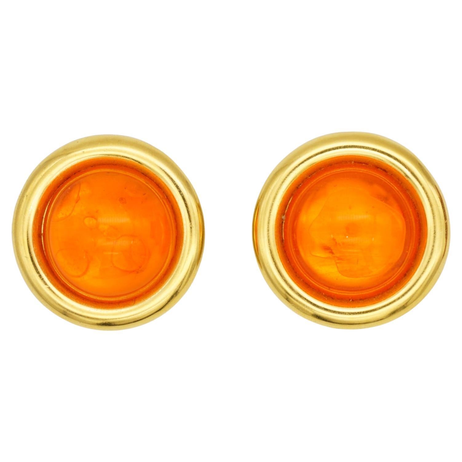 Celine 1992 Vintage Large Citrine Orange Cabochon Circle Gold Clip Earrings For Sale
