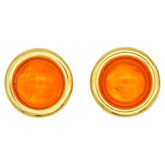 Celine 1992 Vintage Large Citrine Orange Cabochon Circle Gold Clip Earrings